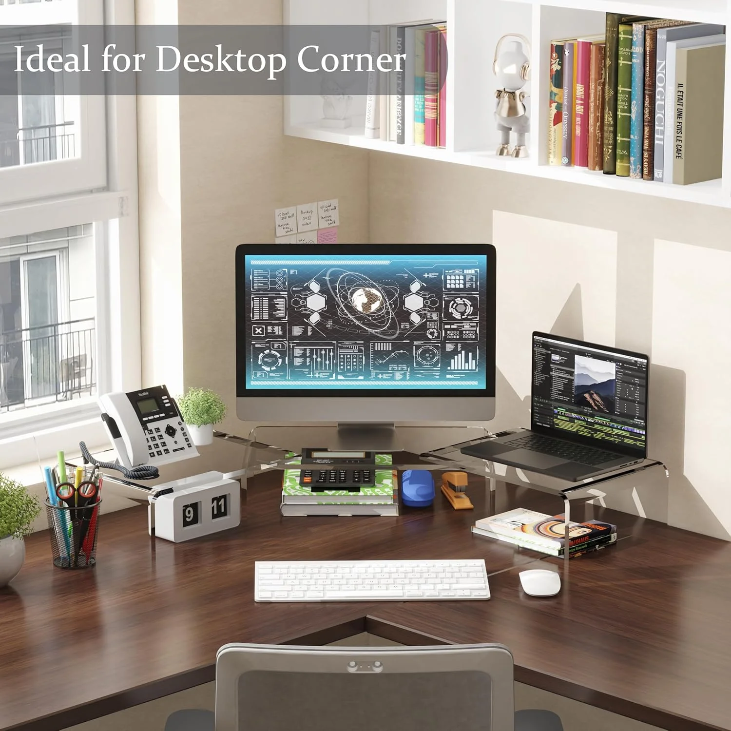 پایه مانیتور شفاف اکرلیک X-cosrack، با 3 طبقه قابل تنظیم، پایه مانیتور دوتایی با پد ضد لغزش، سازمان دهنده میز عالی برای دفتر کار خانگی، لپ تاپ، کامپیوتر، پرینتر، تلویزیون