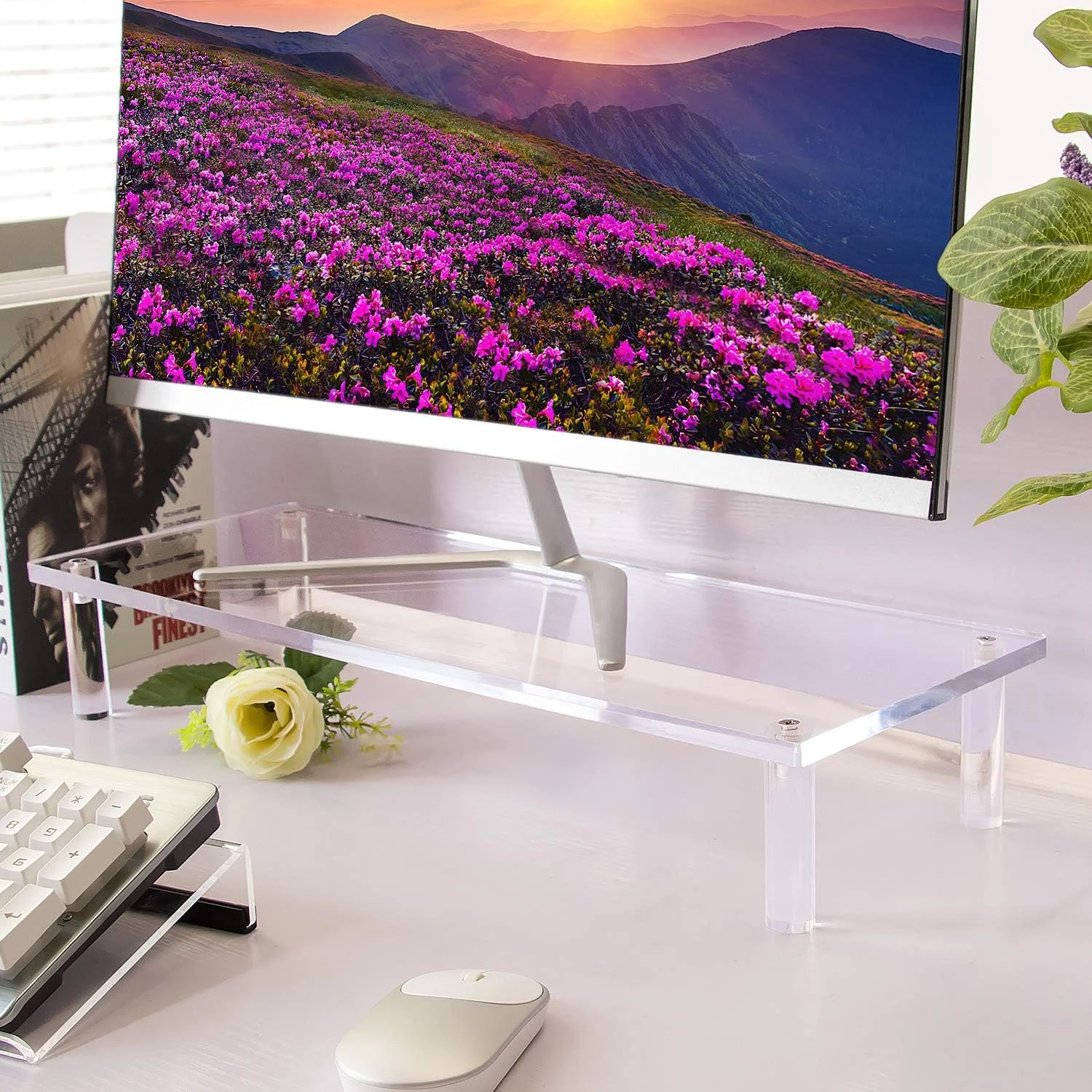 پایه مانیتور اکریلیک YestBuy با ابعاد 20x7.5، استند شفاف کامپیوتر برای لپ تاپ، آی مک، کامپیوتر شخصی، پرینتر، ارگونومیک رومیزی، پایه رومیزی لوازم جانبی کار در خانه، پلتفرم لوازم اداری صرفه جویی در فضا