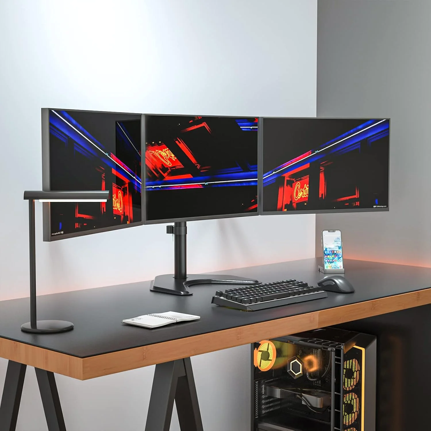 پایه رومیزی سه مانیتوره LCD WALI با قابلیت تنظیم کامل، مناسب برای 3 صفحه نمایش تا 24 اینچ، تحمل وزن 10 کیلوگرم برای هر بازو (MF003)، مشکی