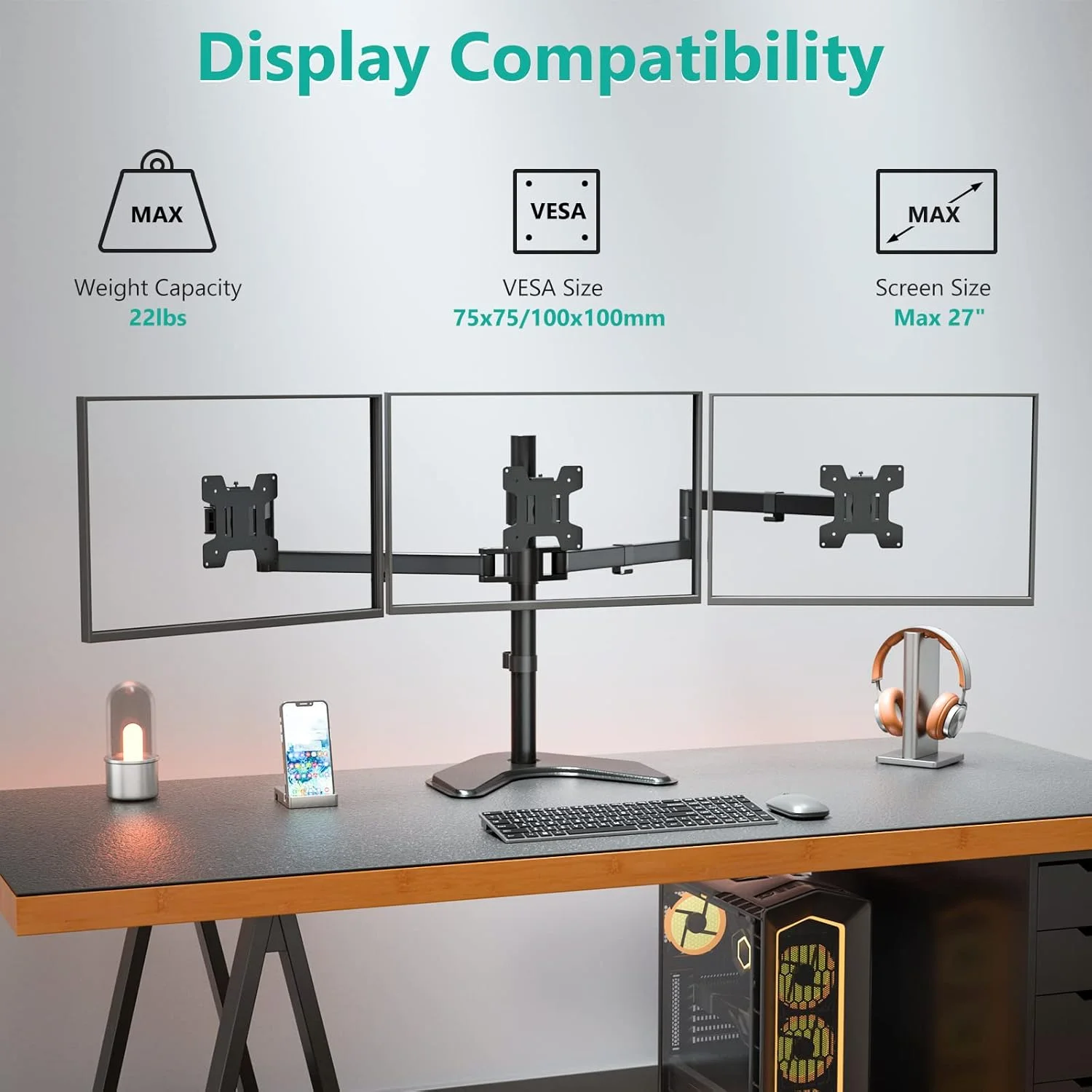 پایه رومیزی سه مانیتوره LCD WALI با قابلیت تنظیم کامل، مناسب برای 3 صفحه نمایش تا 24 اینچ، تحمل وزن 10 کیلوگرم برای هر بازو (MF003)، مشکی