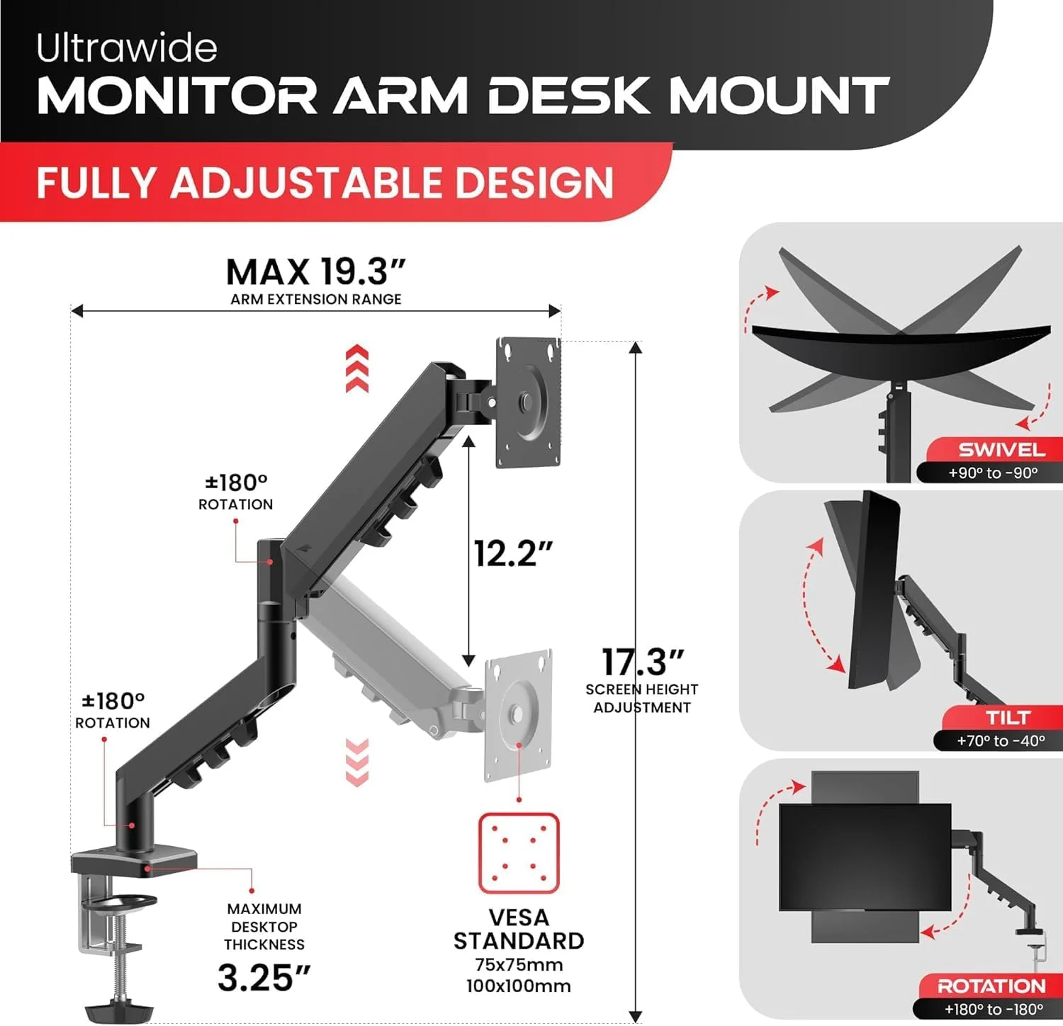 بازوی مانیتور تک فنری گازی برای صفحه نمایش های ۱۳-۳۲ اینچی، پایه مانیتور رومیزی قابل تنظیم، تا ۲۲ پوند را نگه می دارد - مناسب برای VESA ۷۵/۱۰۰ میلی متر، با پایه گیره و گرومت