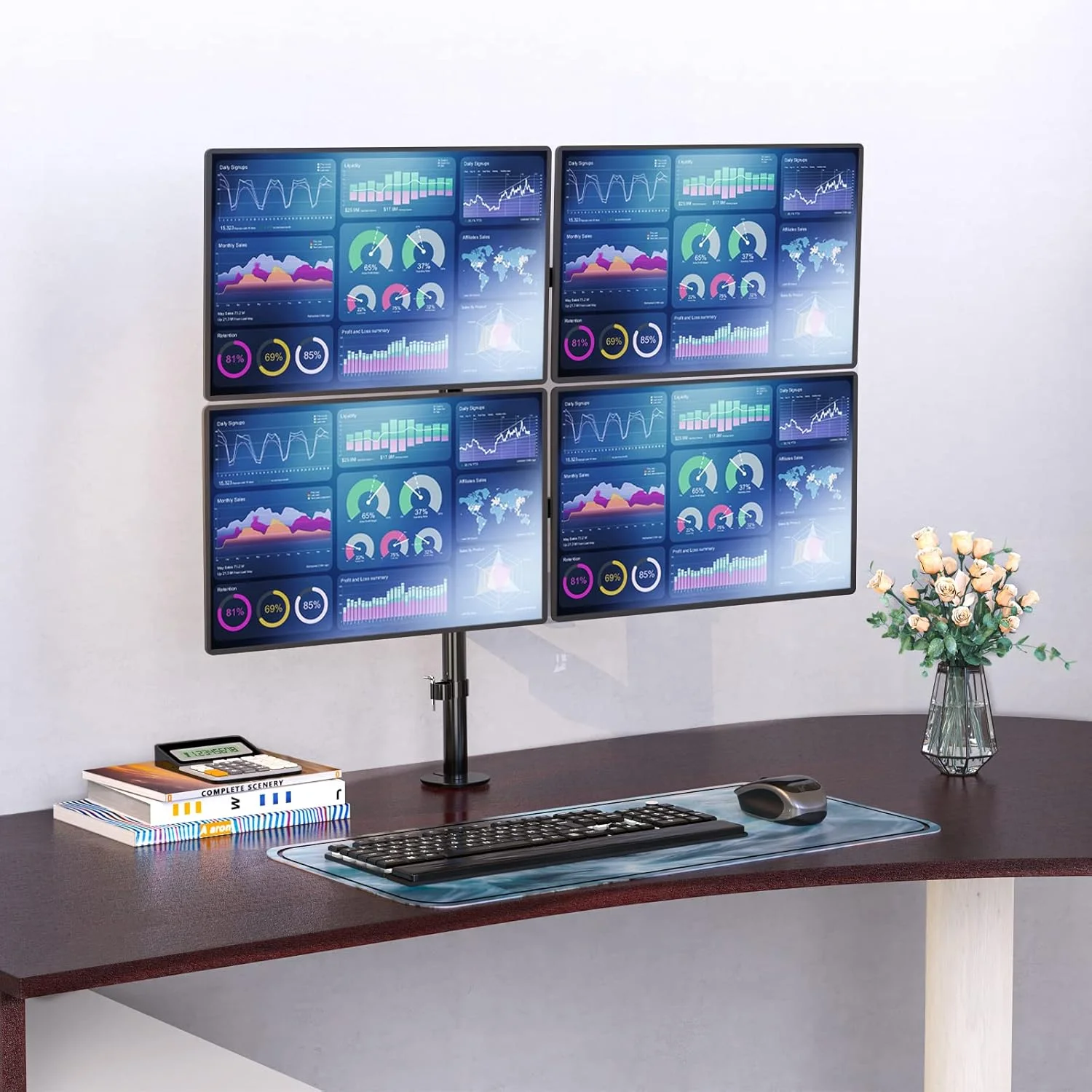 پایه نگهدارنده چهار مانیتوره WALI، مناسب برای صفحه نمایش های کامپیوتر سنگین تا 27 اینچ، پایه رومیزی کاملا قابل تنظیم، تحمل وزن تا 10 کیلوگرم در هر بازو (M004)، مشکی