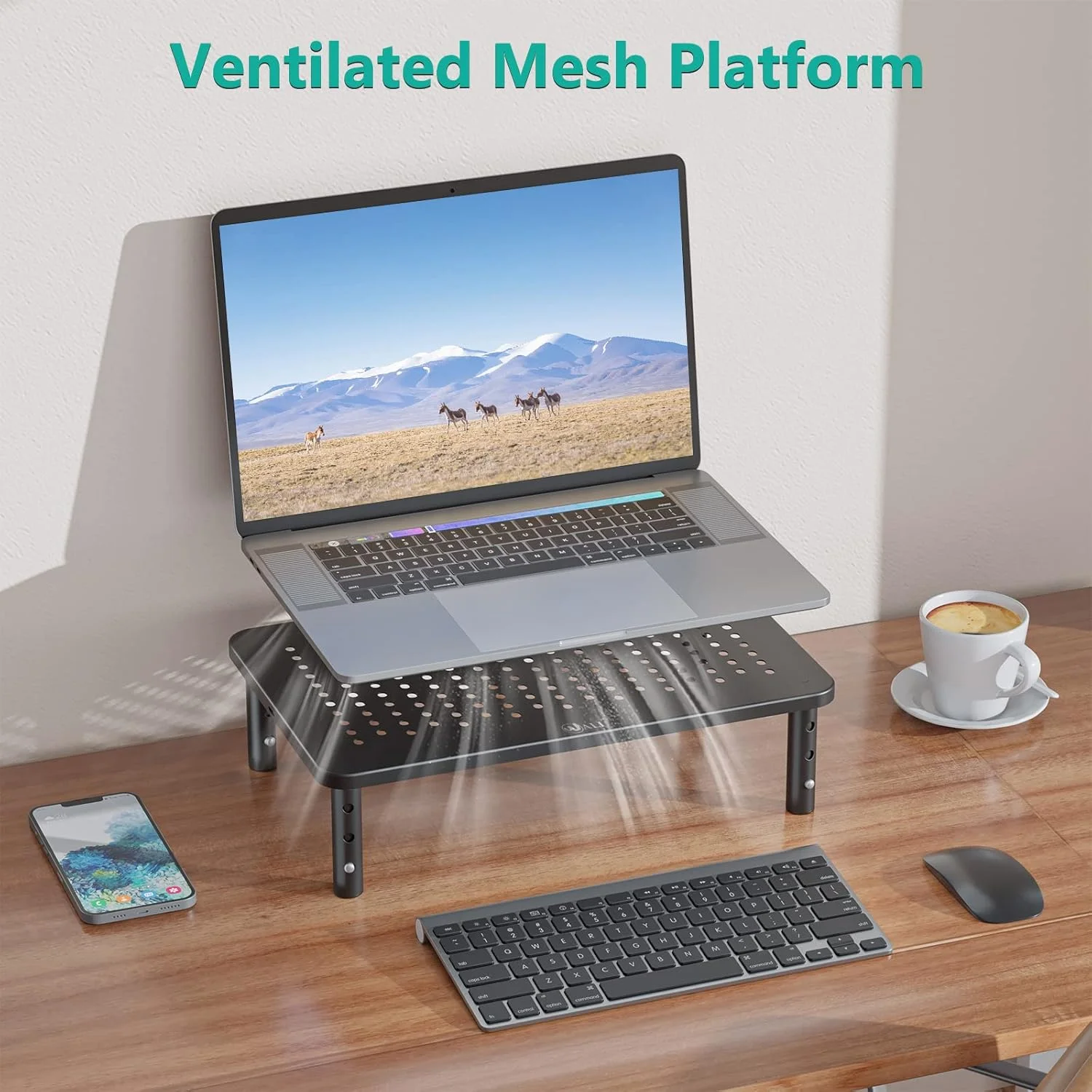 پایه مانیتور WALI برای کامپیوتر، لپ تاپ، پرینتر، نوت بوک و تمام صفحه نمایش های تخت با پلتفرم فلزی دارای تهویه و 3 ارتفاع قابل تنظیم برای فضای ذخیره سازی زیرین، 1 عدد، مشکی