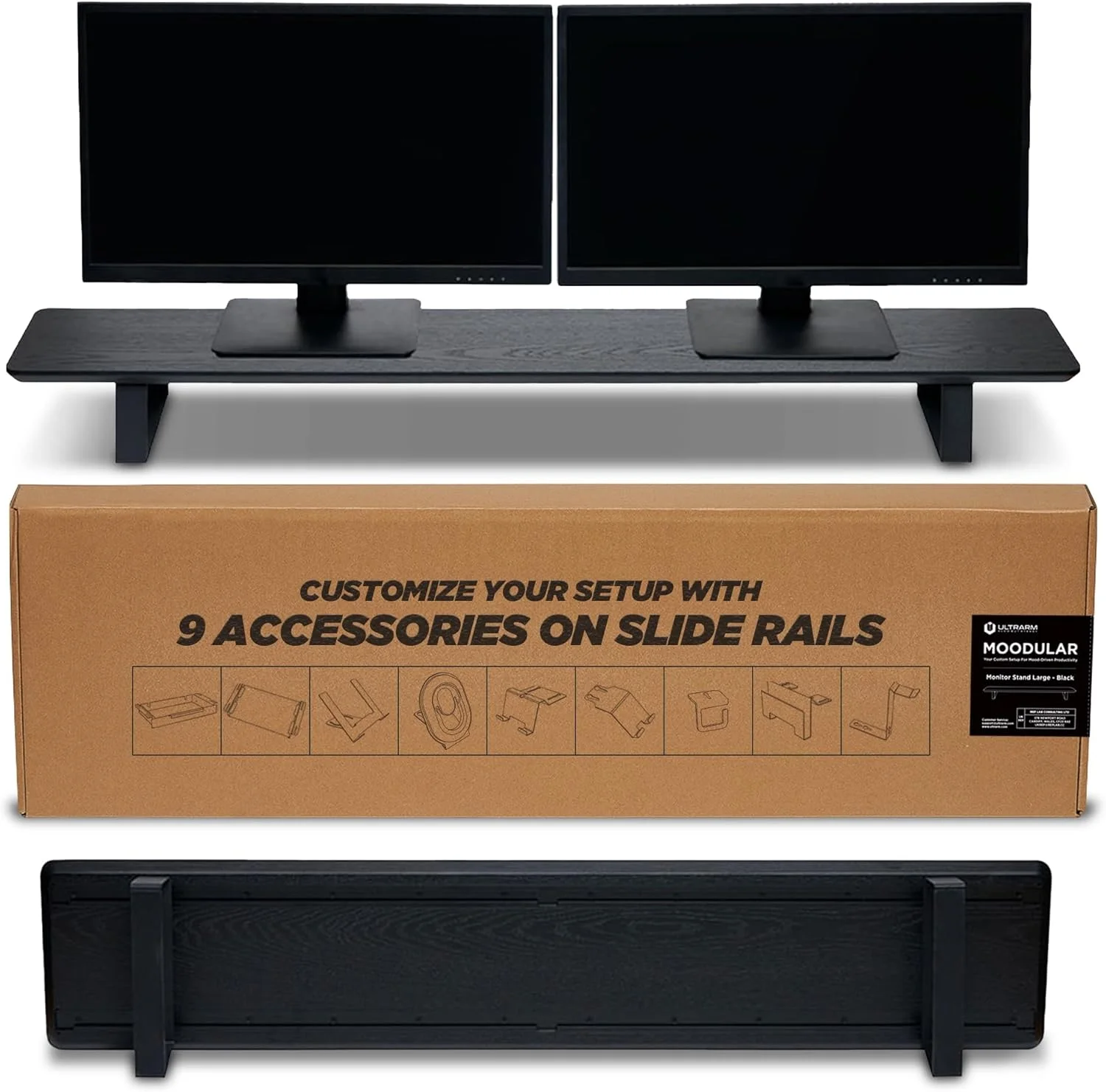 پایه مانیتور چوبی Moodular، سایز بزرگ ۱۱۶ سانتی‌متری، سازمان‌دهنده میز با ریل‌های فلزی کشویی برای کشو، سینی، لپ‌تاپ، تبلت، تلفن و هدفون، پایه قابل تنظیم برای فضای کار منظم، مشکی