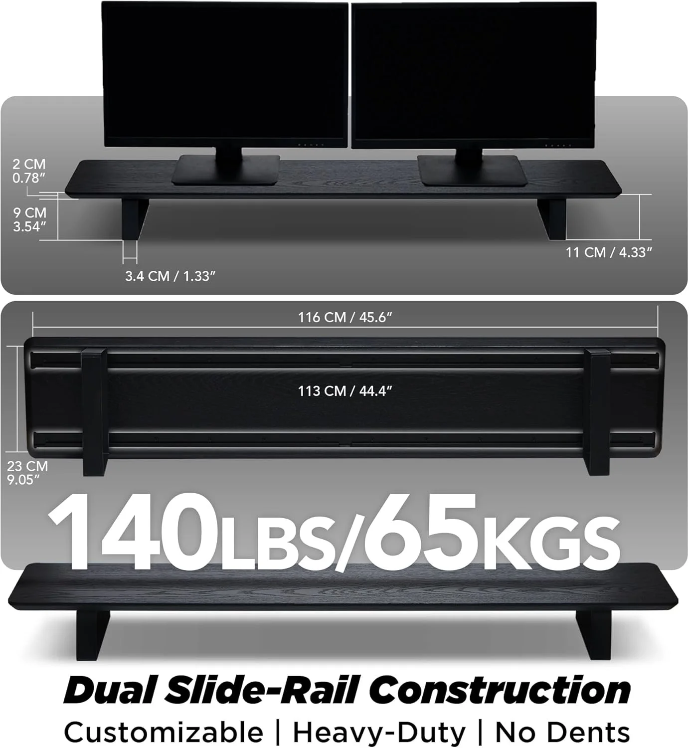 پایه مانیتور چوبی Moodular، سایز بزرگ ۱۱۶ سانتی‌متری، سازمان‌دهنده میز با ریل‌های فلزی کشویی برای کشو، سینی، لپ‌تاپ، تبلت، تلفن و هدفون، پایه قابل تنظیم برای فضای کار منظم، مشکی