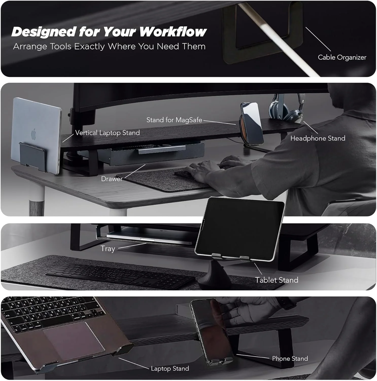 پایه مانیتور چوبی Moodular، سایز بزرگ ۱۱۶ سانتی‌متری، سازمان‌دهنده میز با ریل‌های فلزی کشویی برای کشو، سینی، لپ‌تاپ، تبلت، تلفن و هدفون، پایه قابل تنظیم برای فضای کار منظم، مشکی