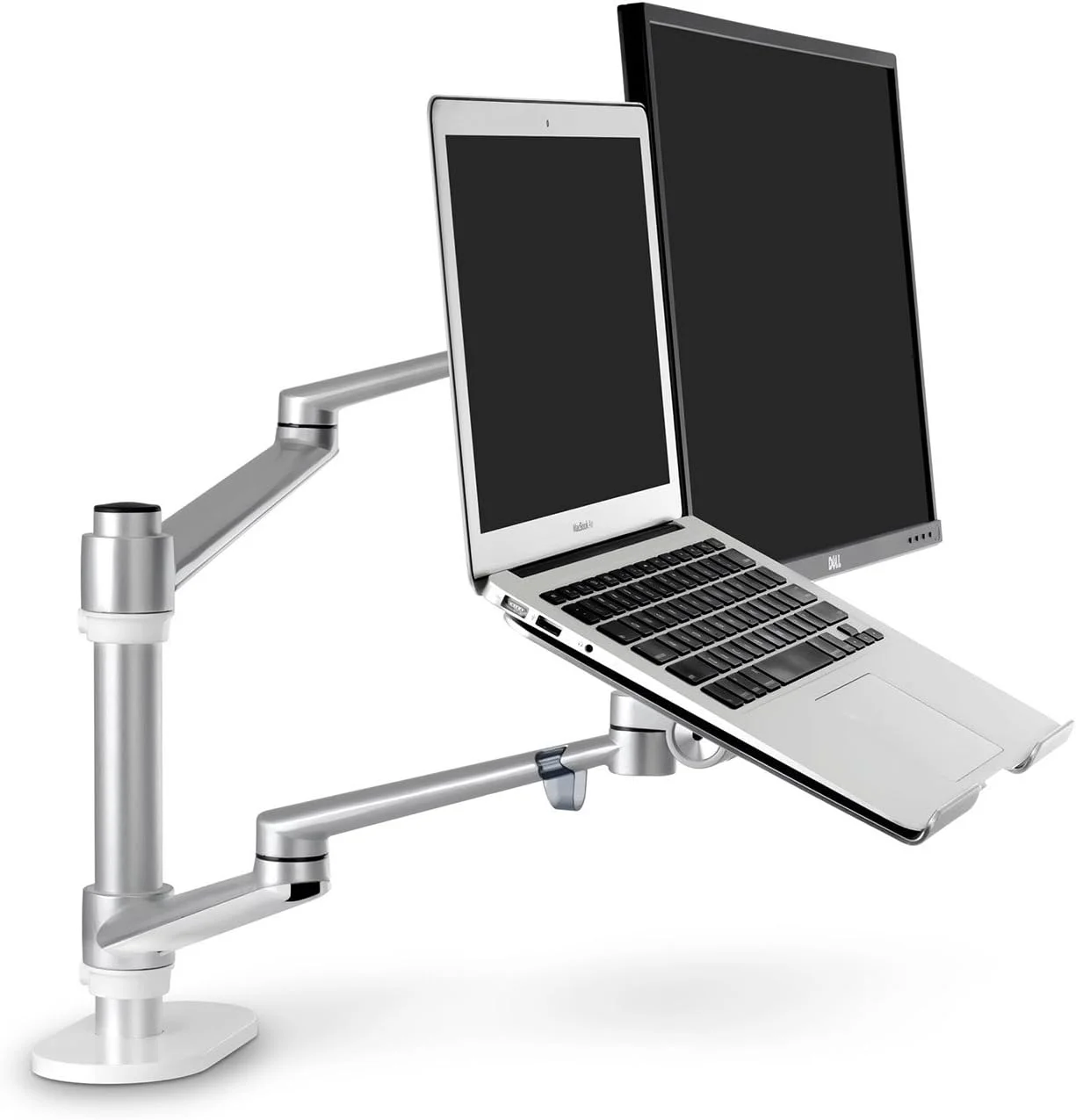 پایه رومیزی بازویی مانیتور و لپ تاپ آلومینیومی قابل تنظیم با قابلیت چرخش و شیب (لپ تاپ و مانیتور - نقره ای)