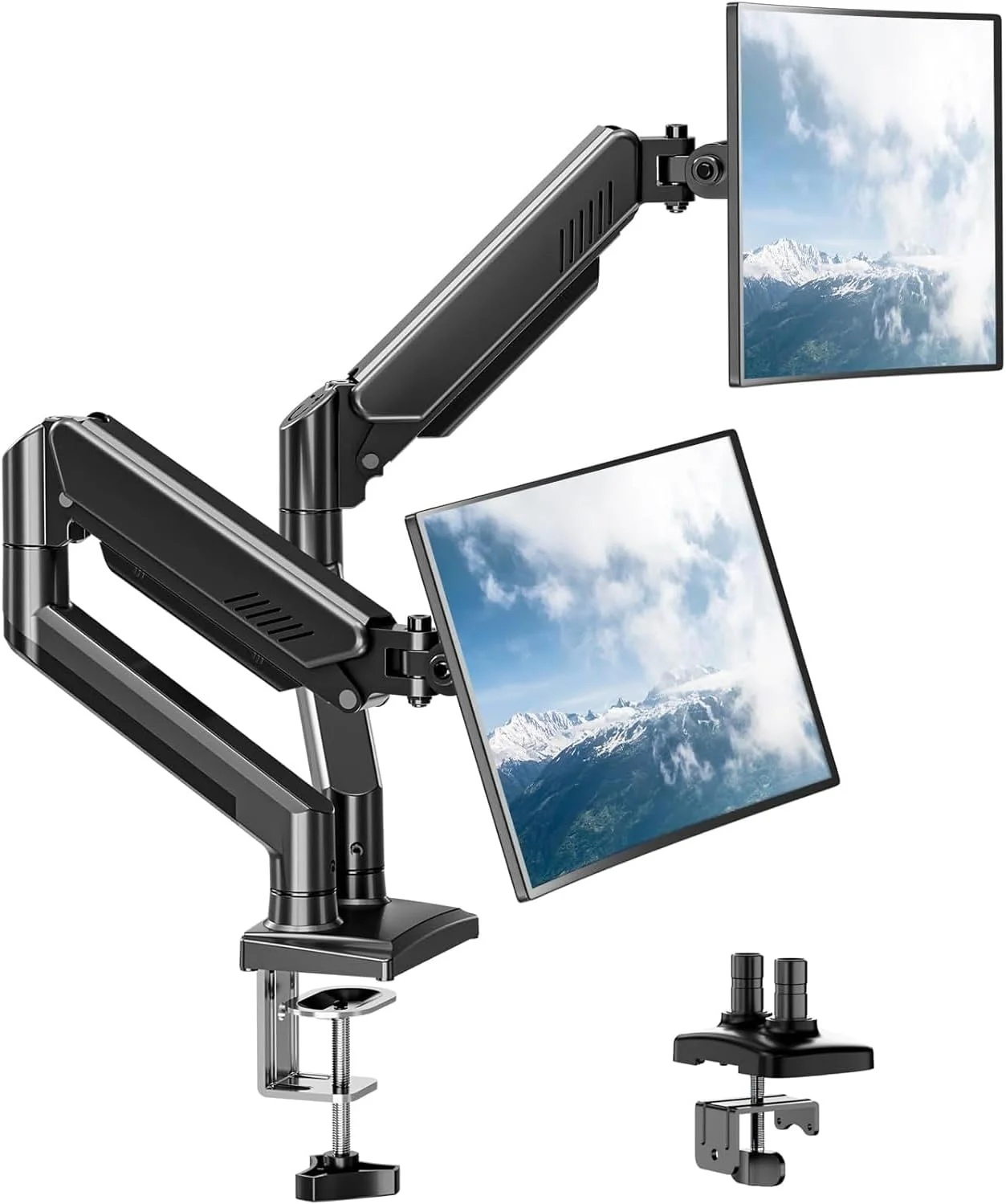 پایه مانیتور دوگانه SKY-TOUCH برای مانیتورهای 17 تا 32 اینچ، بازوی دوگانه فنری گازی قابل تنظیم، پایه رومیزی مانیتور با حرکت کامل و سنگین با گیره و پایه گرومت، VESA 75x75/100x100، تحمل وزن تا 10 کیلوگرم در هر بازو