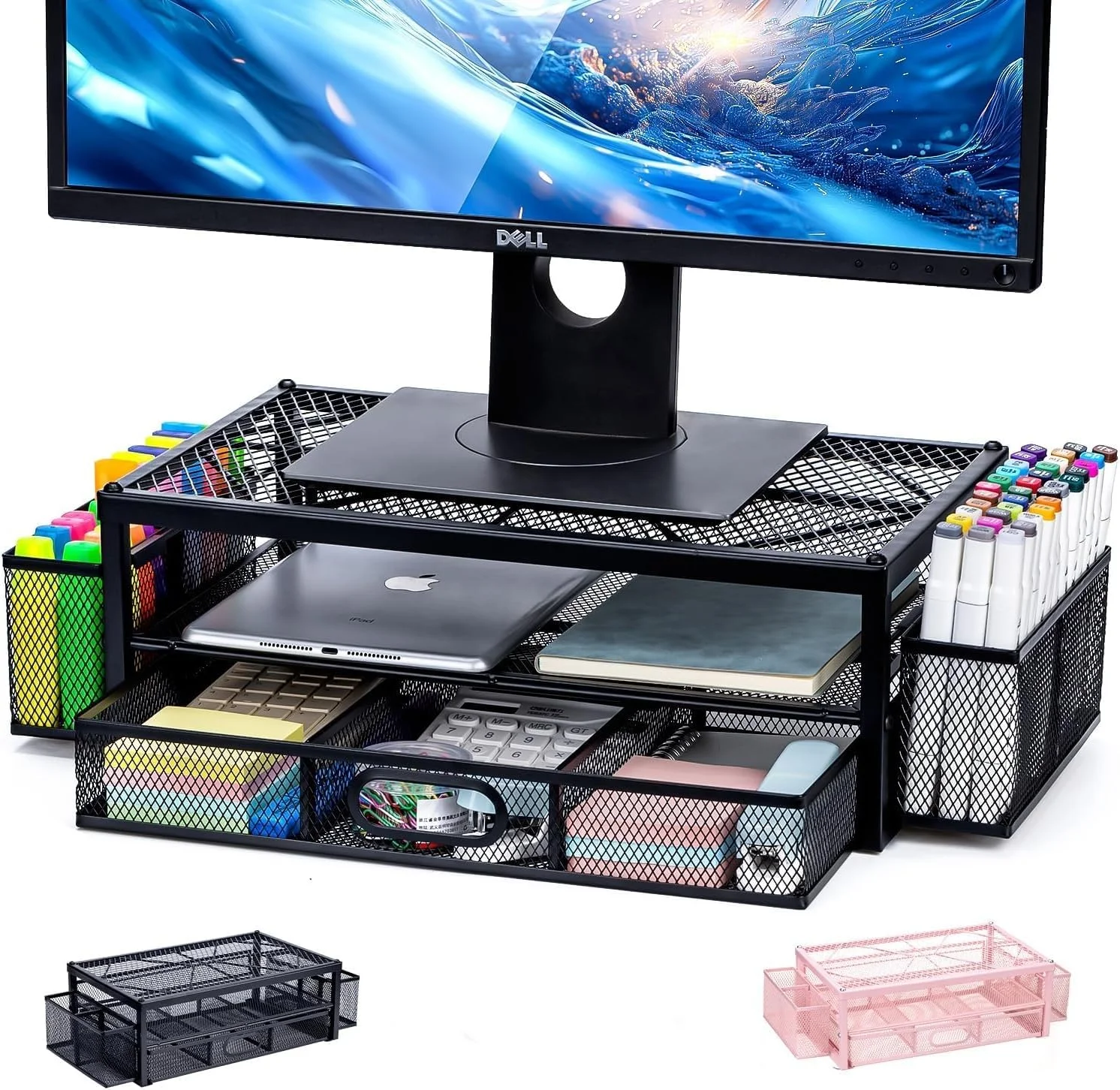 پایه مانیتور دو طبقه برای میز، پایه فلزی مانیتور کامپیوتر با کشو و 2 جای قلم، سازمان دهنده توری میز لپ تاپ برای لوازم اداری خانگی، مشکی