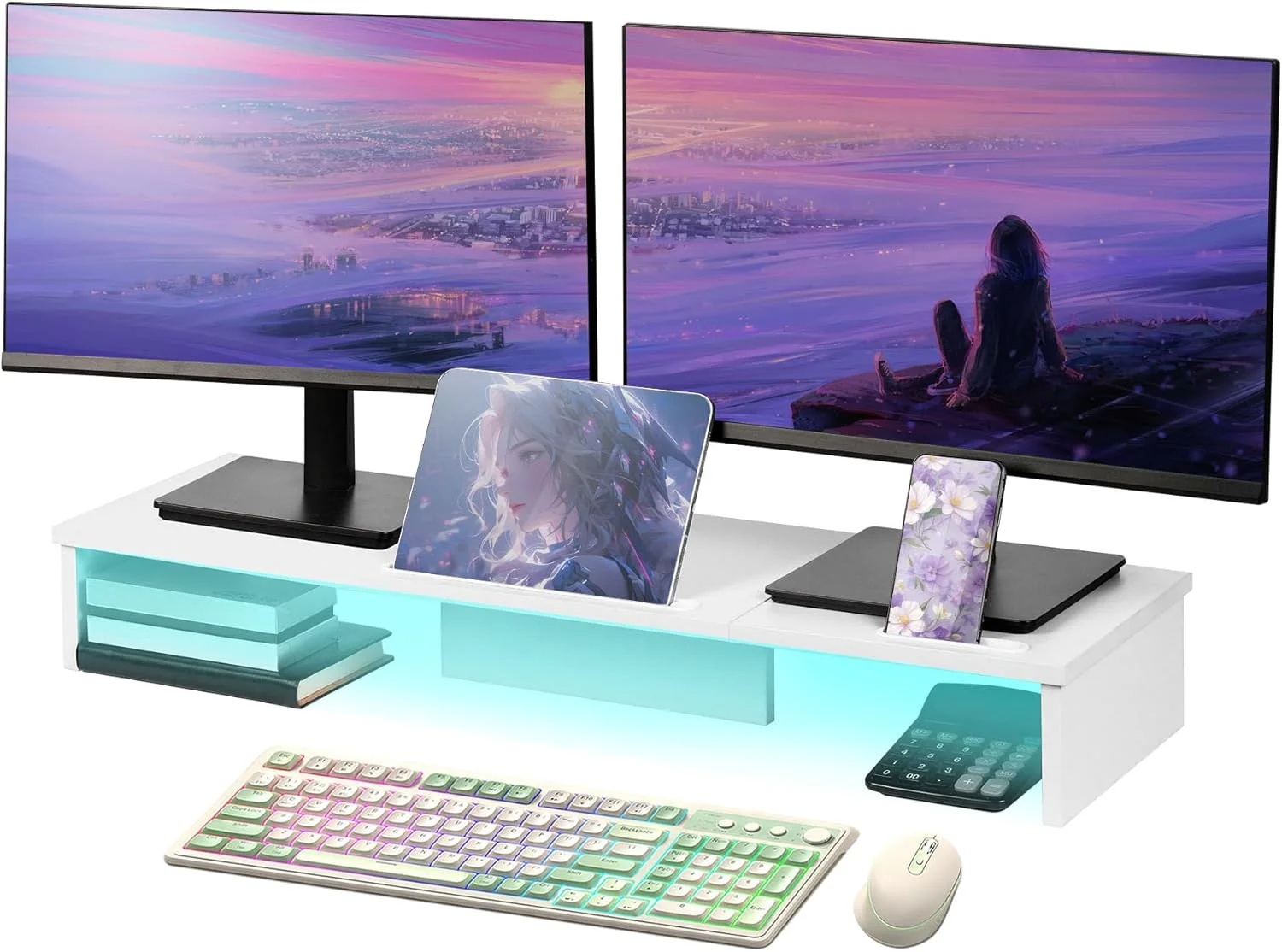 پایه نگهدارنده دو مانیتوره با چراغ های LED و جای موبایل و تبلت، پایه مانیتور بزرگ 35.8 اینچی برای میز، پایه مانیتور کامپیوتر برای 2 مانیتور، سازمان دهنده قفسه رومیزی برای لپ تاپ، پرینتر، تلویزیون