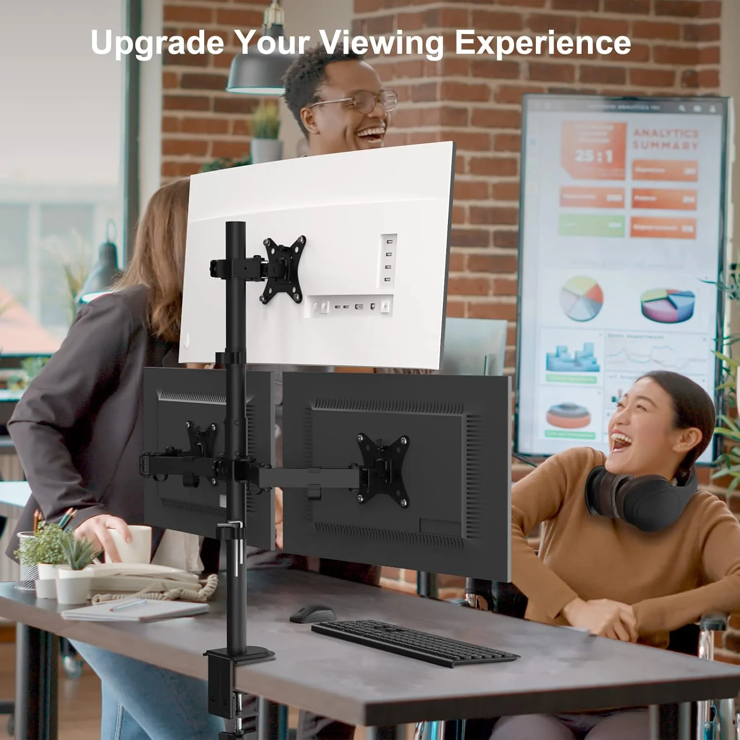 پایه مانیتور پوتورسن برای 3 مانیتور 13-32 اینچ صفحه تخت و منحنی، پایه رومیزی مانیتور میله ای 80 سانتی متری با قابلیت چرخش، شیب و تنظیم ارتفاع، 9 کیلوگرم در هر بازو VESA 75 x 75 / 100 x 100 مشکی