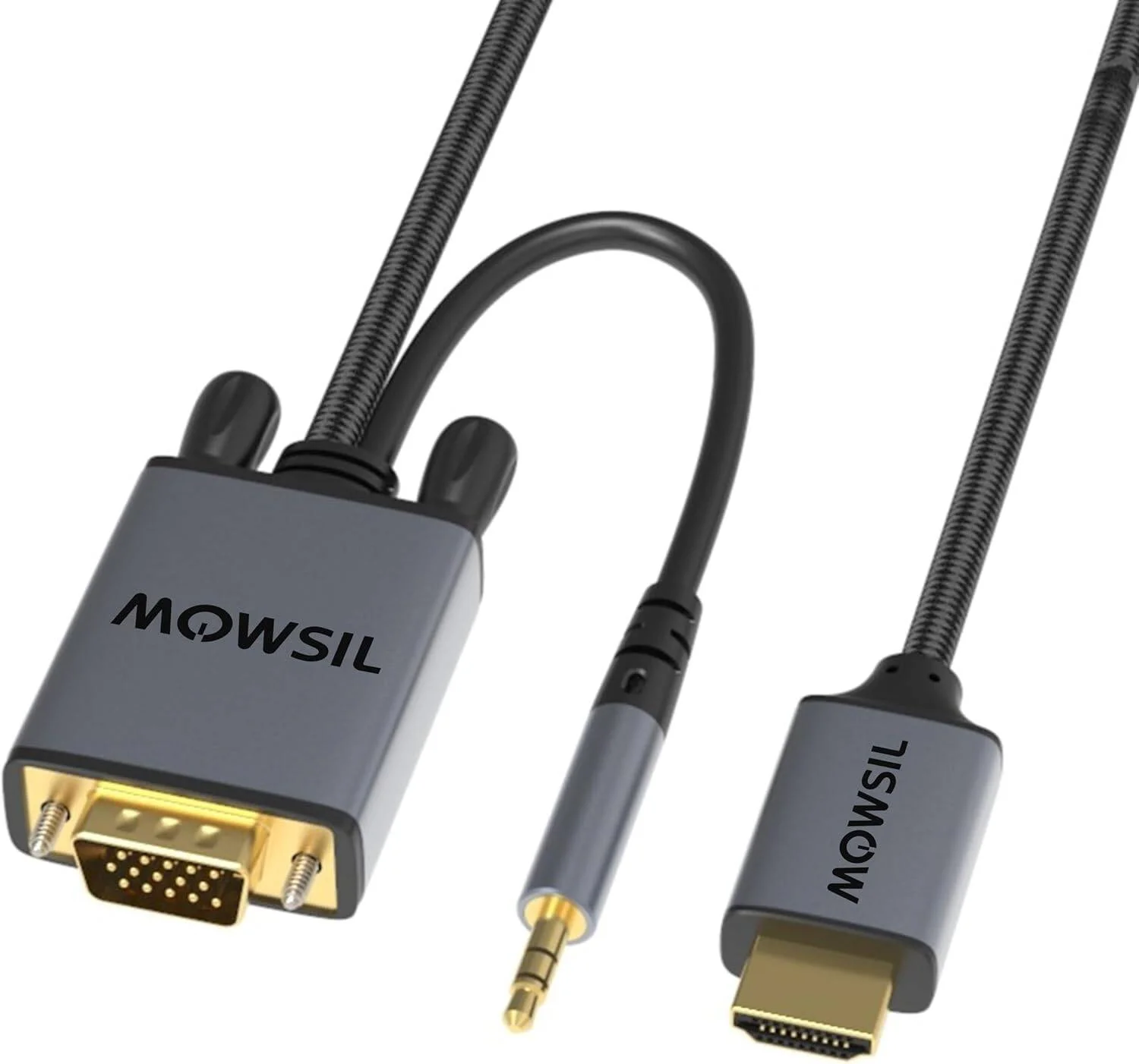 کابل VGA به HDMI مووسیل با صدا، 2 متری، کابل تبدیل VGA به HDMI، فول اچ دی 1920x1080@60Hz، کانکتورهای روکش طلا، بدنه آلومینیومی، قطر خارجی بادوام 6 میلی‌متری، صدای داخلی، 2 متر، خاکستری | MOVHA2