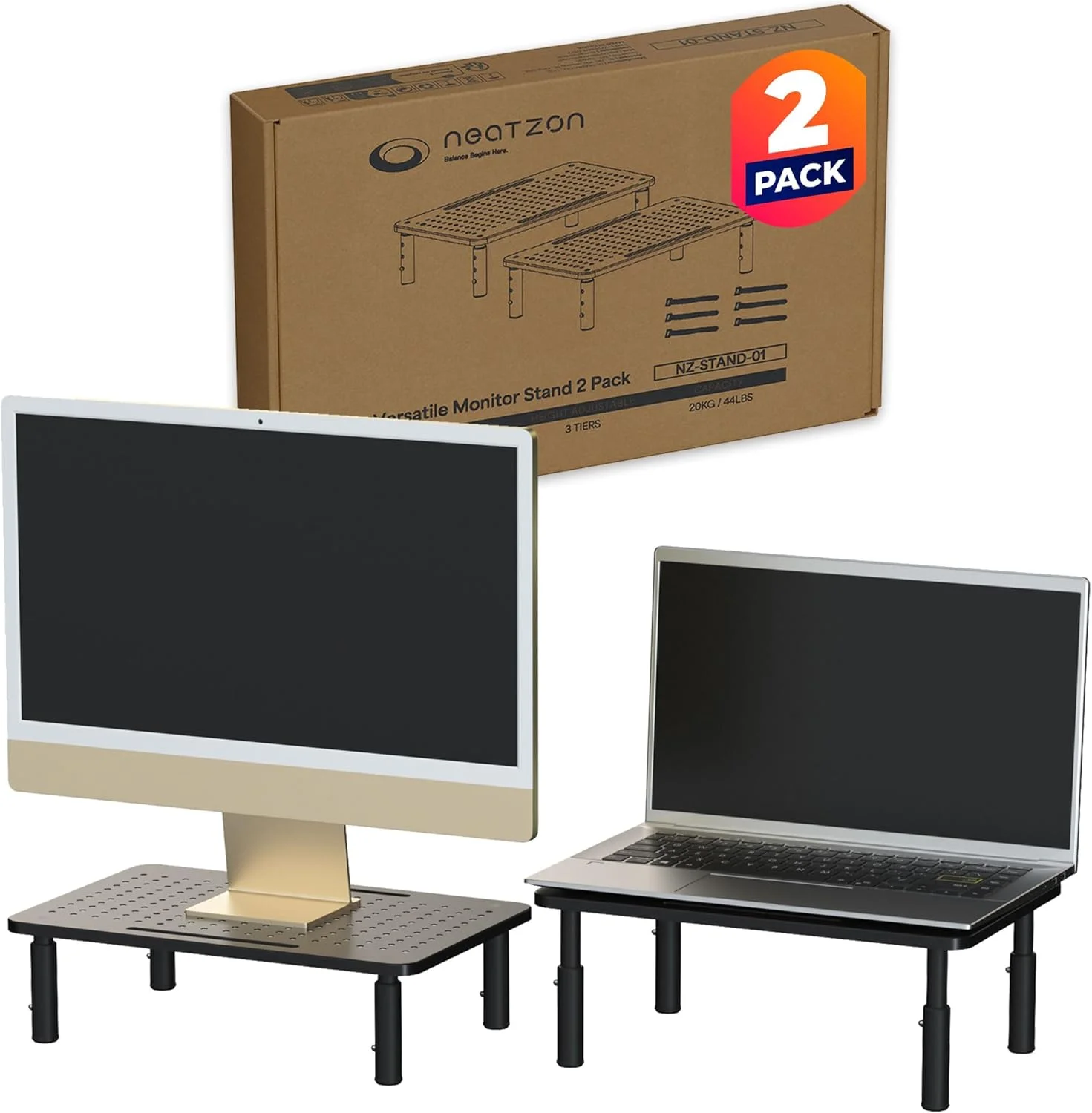 پایه مانیتور یونیورسال دو عددی - پایه رومیزی قابل تنظیم در 3 ارتفاع برای صفحه نمایش، لپ تاپ و نگهداری، 6 بست مدیریت کابل، مونتاژ آسان، NZ-STAND-01