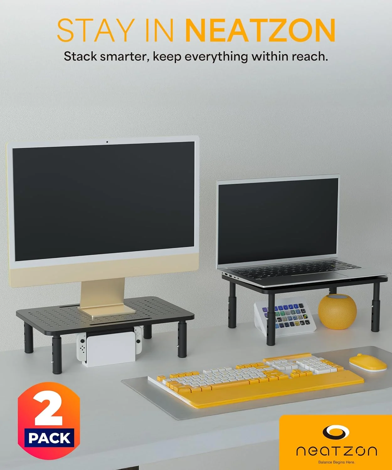 پایه مانیتور یونیورسال دو عددی - پایه رومیزی قابل تنظیم در 3 ارتفاع برای صفحه نمایش، لپ تاپ و نگهداری، 6 بست مدیریت کابل، مونتاژ آسان، NZ-STAND-01