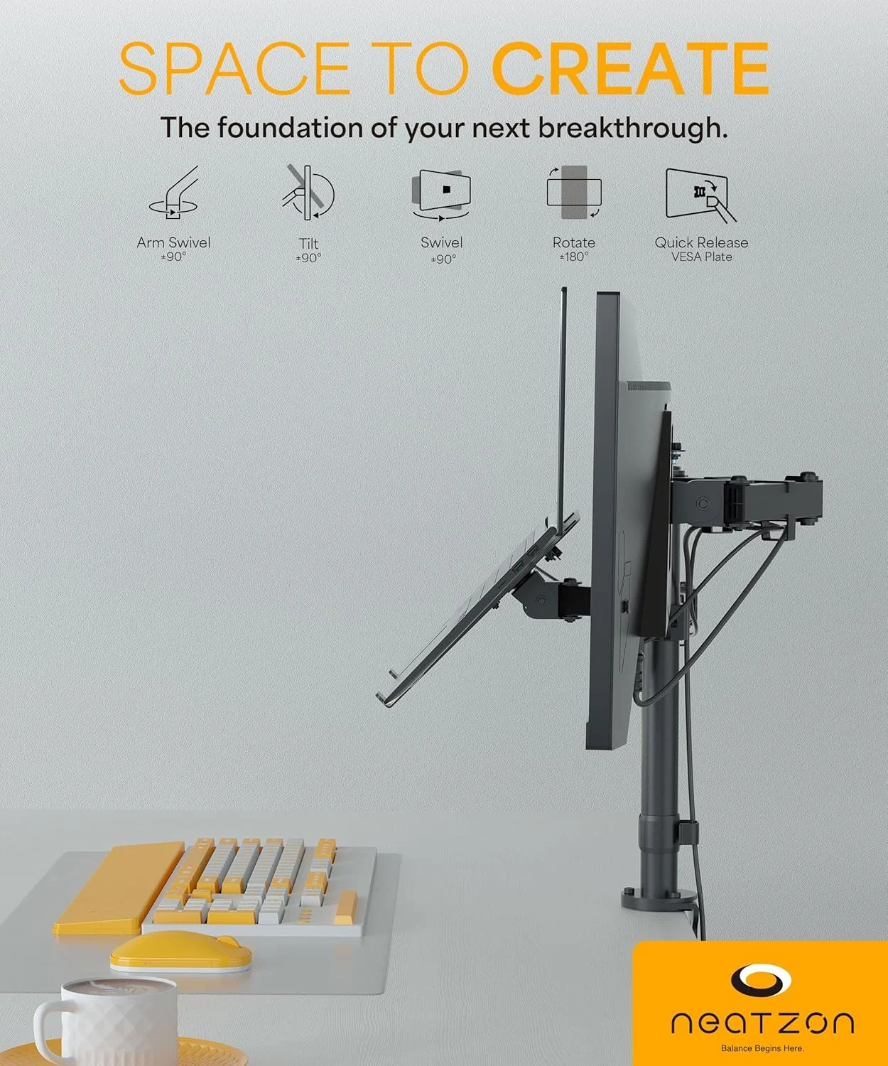 پایه نگهدارنده لپ‌تاپ و مانیتور - پایه رومیزی شیک برای نوت‌بوک و صفحه نمایش تا 8 کیلوگرم، پایه ارگونومیک با قابلیت تنظیم و مدیریت کابل، سازگار با VESA مدل NZ-ARM-02