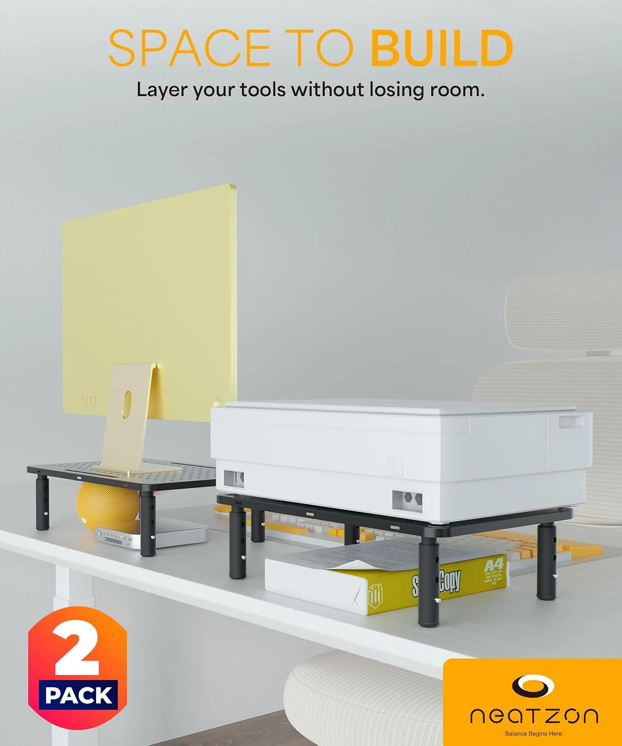 پایه مانیتور یونیورسال دو عددی - پایه رومیزی قابل تنظیم در 3 ارتفاع برای صفحه نمایش، لپ تاپ و نگهداری، 6 بست مدیریت کابل، مونتاژ آسان، NZ-STAND-01