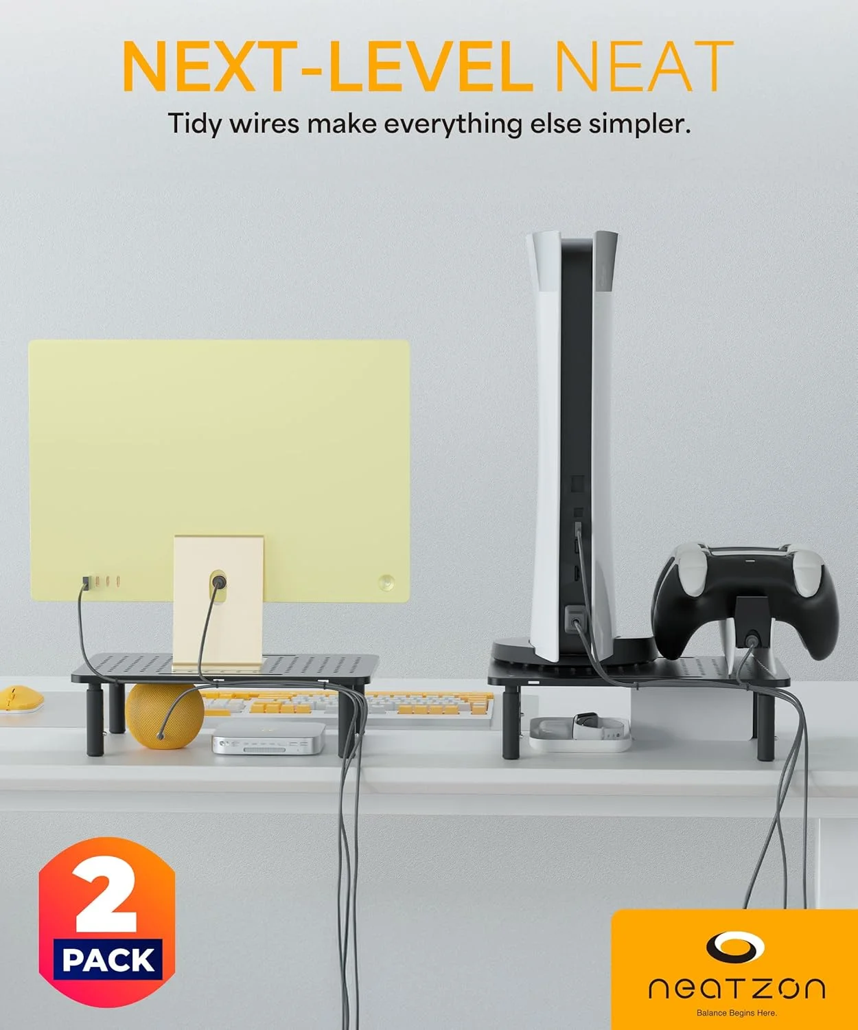 پایه مانیتور یونیورسال دو عددی - پایه رومیزی قابل تنظیم در 3 ارتفاع برای صفحه نمایش، لپ تاپ و نگهداری، 6 بست مدیریت کابل، مونتاژ آسان، NZ-STAND-01