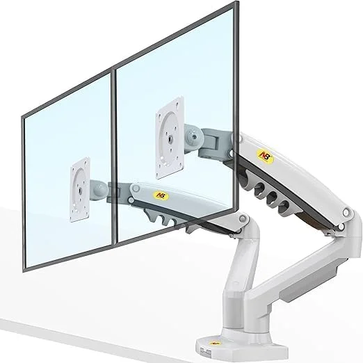پایه رومیزی بازوی مانیتور دوگانه، پایه مانیتور دوگانه با حرکت کامل، برای دو صفحه نمایش 17-27 اینچی با ظرفیت بارگیری 2-9 کیلوگرم در هر نمایشگر، سفید | F160