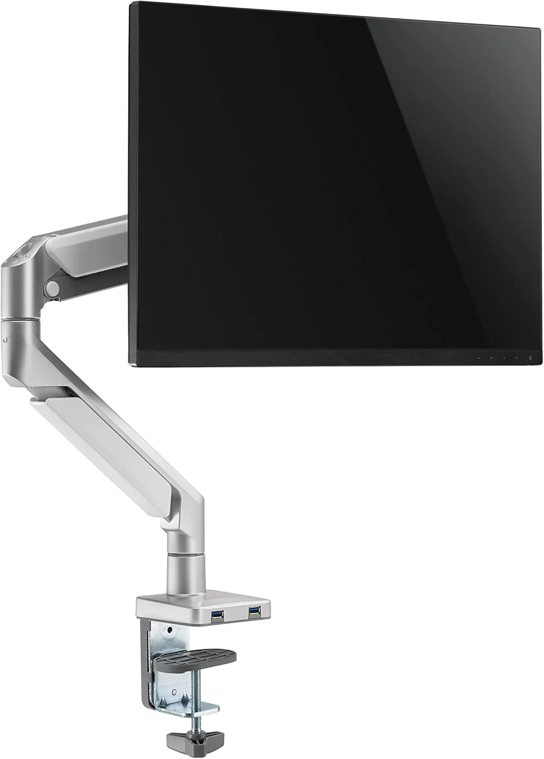 بازوی مانیتور ناودسک NAVO Control - مدل A Pro، پایه رومیزی مانیتور با کیفیت عالی با فناوری فنر گازی و هاب USB، پایه مانیتور تکی قابل تنظیم با گیره و پایه گرومت (سفید آلومینیومی)