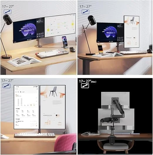 پایه رومیزی بازوی دو مانیتوره، استند دو مانیتوره با حرکت کامل سازگار با VESA، مناسب برای 2 صفحه نمایش تا 27 اینچ، ظرفیت 2 تا 9 کیلوگرم برای هر بازو، مشکی | H180