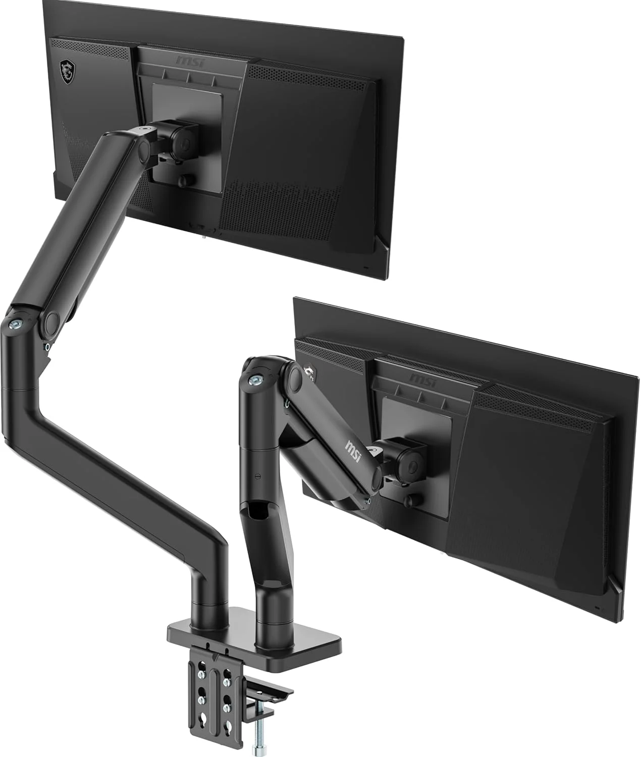 پایه مانیتور دوگانه سنگین MSI MPG MT201D، پشتیبانی از 17 تا 45 اینچ، سازگار با VESA، فنر گازی قابل تنظیم، 20 کیلوگرم برای هر صفحه نمایش، گیره و Grommet، صفحه رهاسازی سریع - مشکی