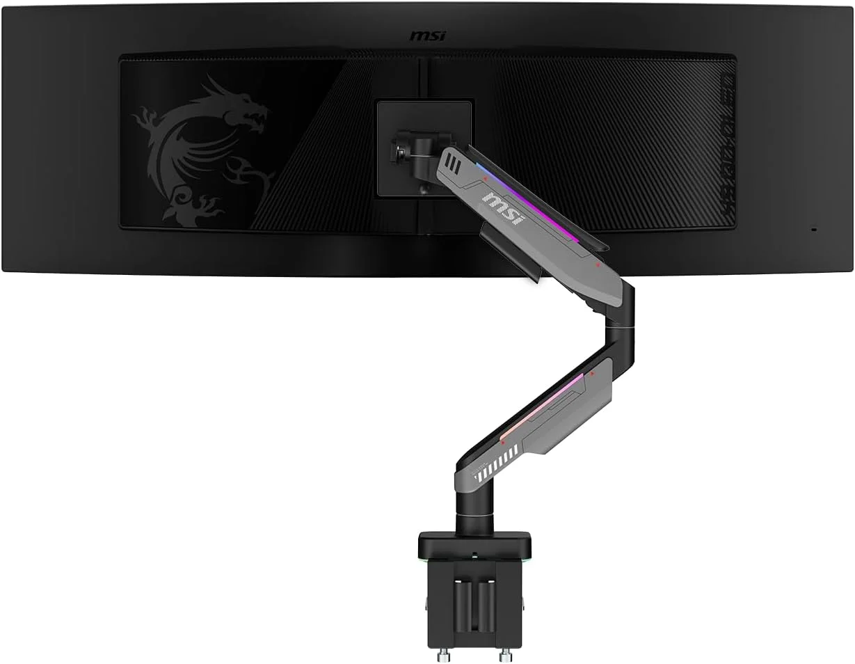 بازوی نگهدارنده مانیتور تکی RGB پریمیوم MSI MPG MT201R V2، پشتیبانی از صفحه نمایش های 17 تا 49 اینچ و وزن 20 کیلوگرم، سازگار با VESA، پایه فنری گازی سنگین قابل تنظیم، گیره و Grommet، صفحه رهاسازی سریع - خاکستری