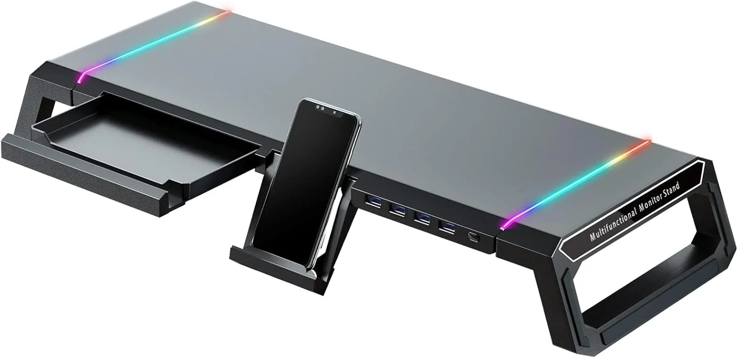 پایه مانیتور کامپیوتر گیمینگ RGB NALACAL - دارای 4 پورت USB 3.0، 3 طول قابل تنظیم، قفسه رومیزی لپ تاپ با کشوی ذخیره سازی و نگهدارنده تبلت و تلفن، سازمان دهنده رومیزی برای دسکتاپ، پرینتر (مشکی)