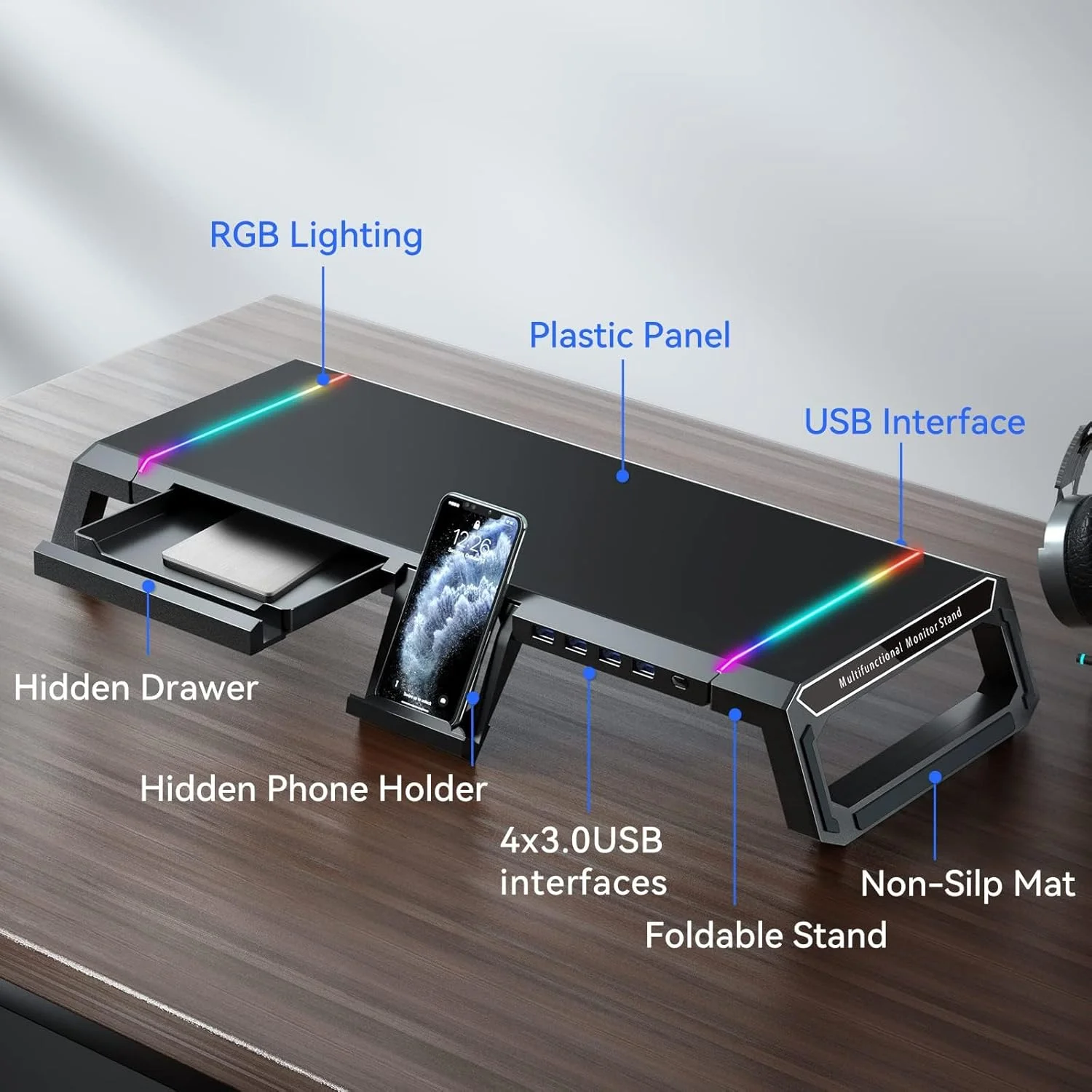 پایه مانیتور کامپیوتر گیمینگ RGB NALACAL - دارای 4 پورت USB 3.0، 3 طول قابل تنظیم، قفسه رومیزی لپ تاپ با کشوی ذخیره سازی و نگهدارنده تبلت و تلفن، سازمان دهنده رومیزی برای دسکتاپ، پرینتر (مشکی)