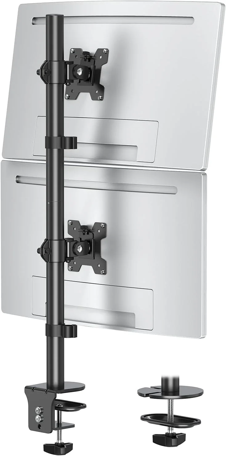 پایه رومیزی دو مانیتوره MOUNTUP، پایه مانیتور عمودی برای 2 مانیتور حداکثر 32 اینچ، پایه رومیزی مانیتور کامپیوتر با قابلیت تنظیم ارتفاع، چرخش، شیب، براکت VESA با گیره C و پایه گرومت
