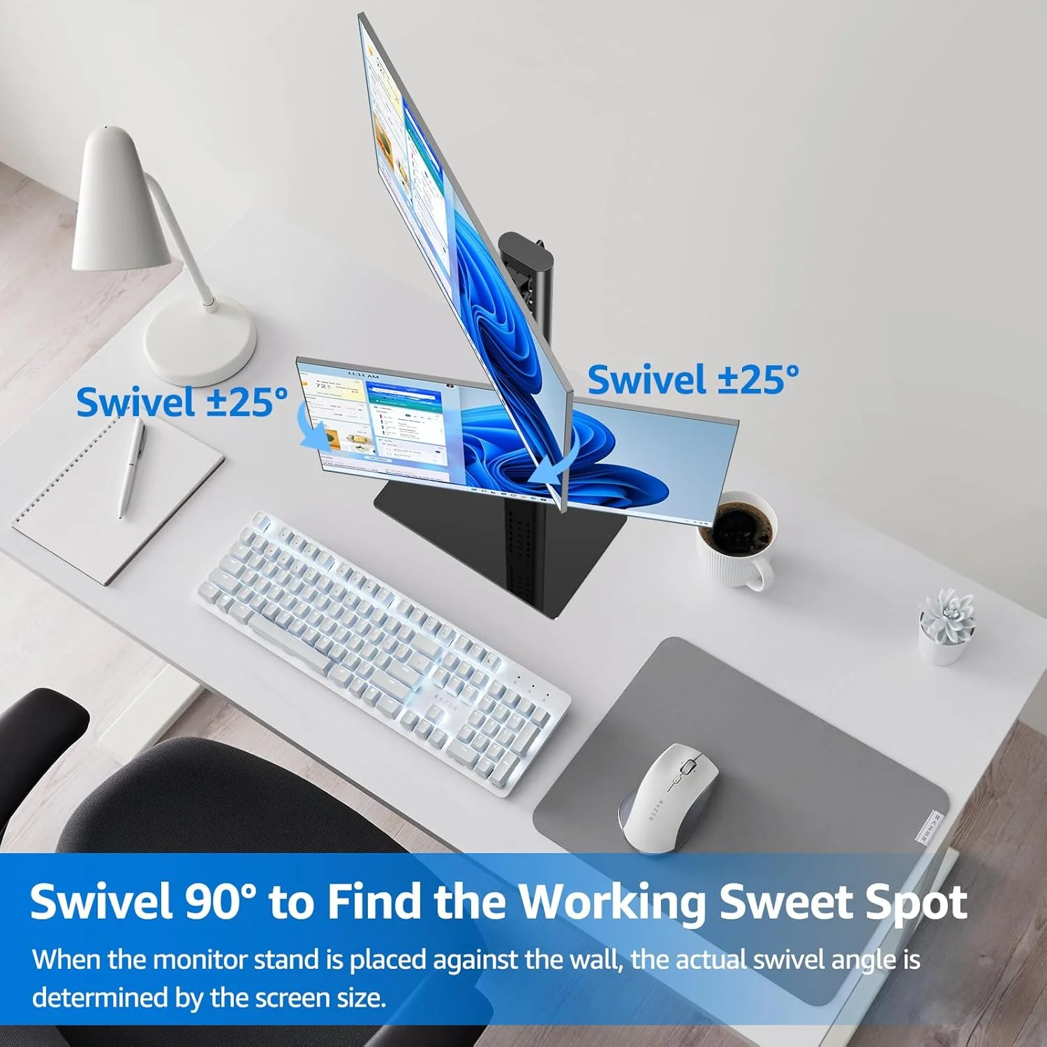 پایه مانیتور دوگانه عمودی MOUNTUP، برای دو صفحه نمایش تا 32 اینچ، 15 کیلوگرم، پایه رومیزی مانیتور ایستاده، پایه مانیتور با قابلیت چرخش، شیب، تنظیم ارتفاع، پایه VESA 100x100mm، 75x75mm