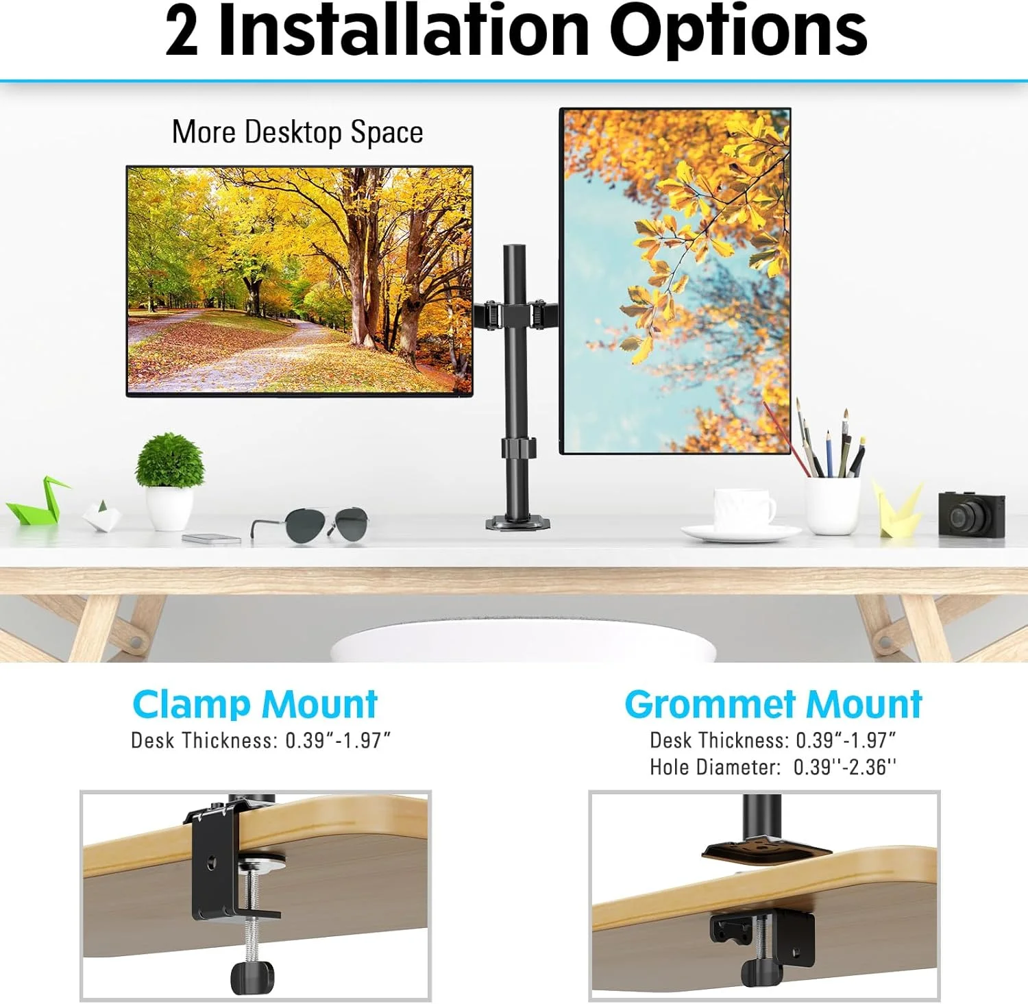 پایه رومیزی دو مانیتوره MOUNTUP، حداکثر 32 اینچ تا 8 کیلوگرم، بازوی دو مانیتوره کاملا قابل تنظیم برای 2 صفحه نمایش LCD، پایه دو مانیتوره با گیره C و پایه Grommet