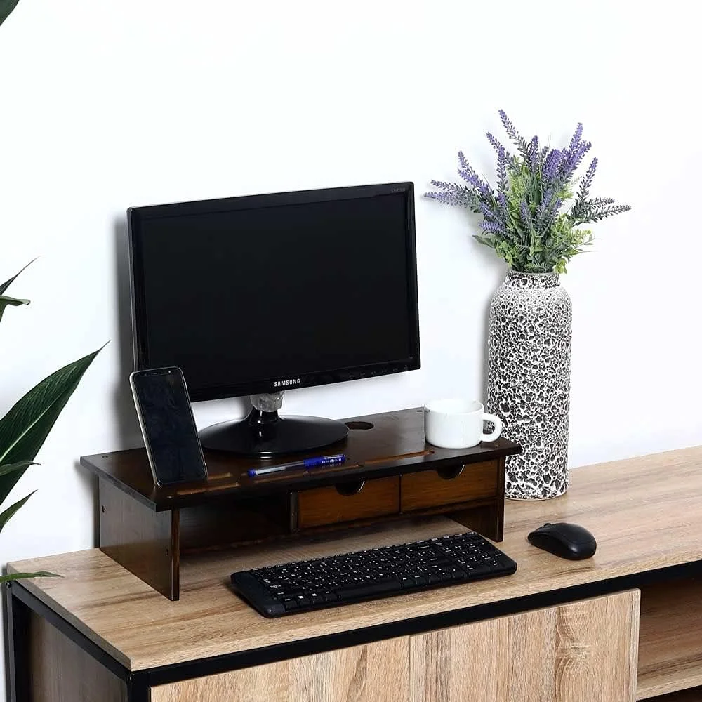 پایه مانیتور YAHOME برای میز، استند چوبی مانیتور با دو کشو برای نگهداری وسایل، پایه ارگونومیک لپ‌تاپ برای میز، استند مانیتور با فضای ذخیره‌سازی، مناسب برای لپ‌تاپ، کامپیوتر و لوازم جانبی کامپیوتر