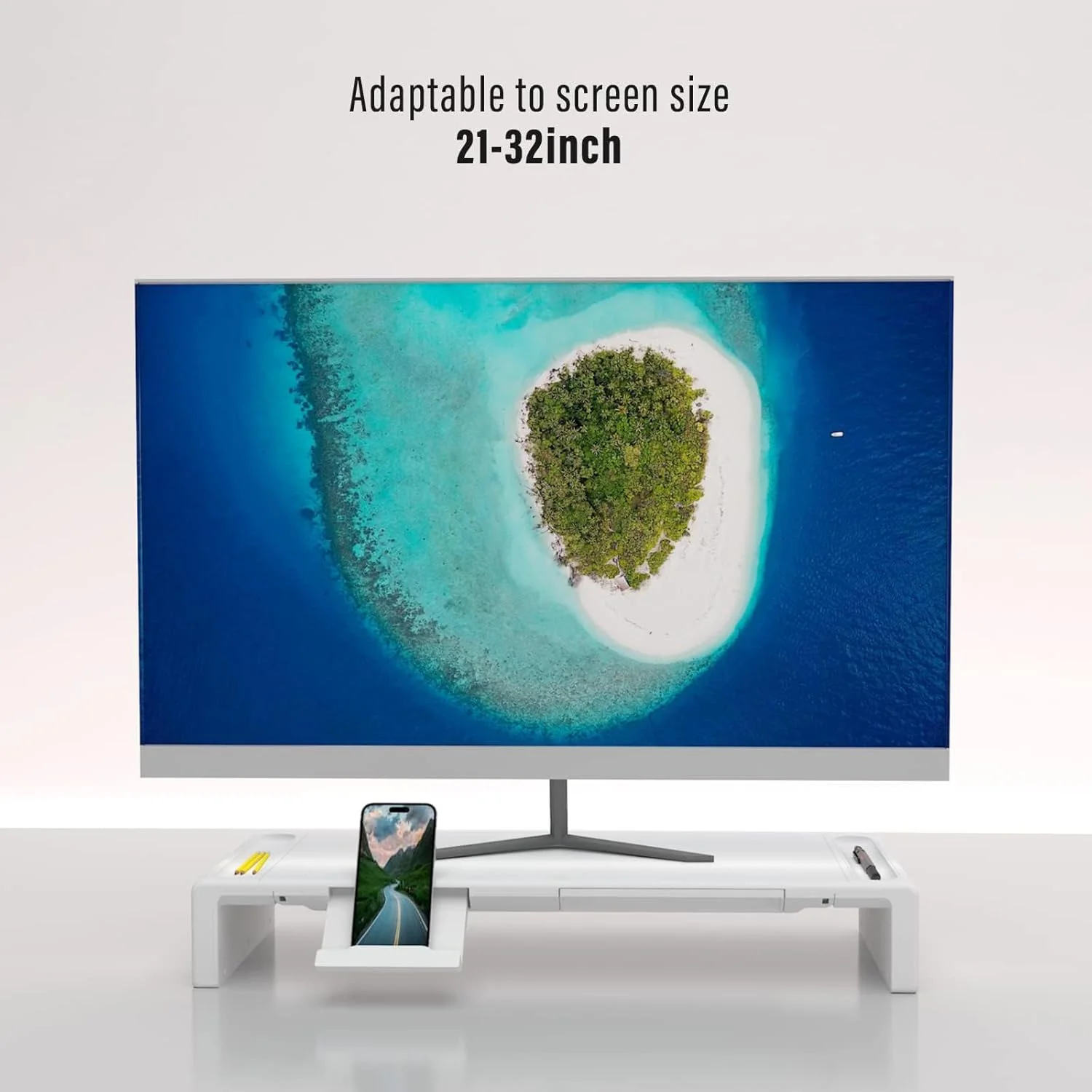 پایه رومیزی، استند مانیتور، پایه مانیتور، تاشو، پایه مانیتور کامپیوتر با قابلیت تنظیم ارتفاع، دارای کشوی ذخیره سازی، استند تبلت و تلفن و جای قلم، برای مانیتور کامپیوتر، لپ تاپ، پرینتر (سفید)