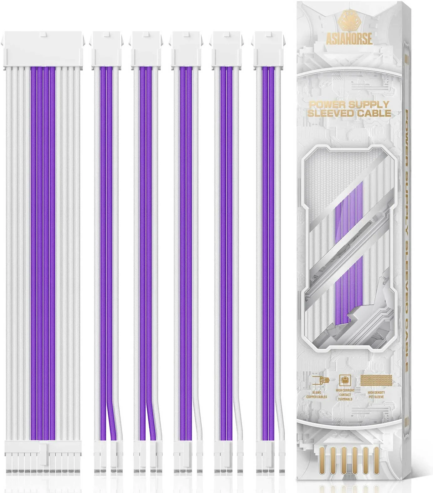 کابل روکش دار منبع تغذیه AsiaHorse، کیت کابل توسعه PSU با کانکتور سفید 16 AWG، 1x24Pin/2x4+4 EPS/3x6+2 PCI-E، طول 30 سانتی متر با شانه، بنفش/سفید | 791711868484