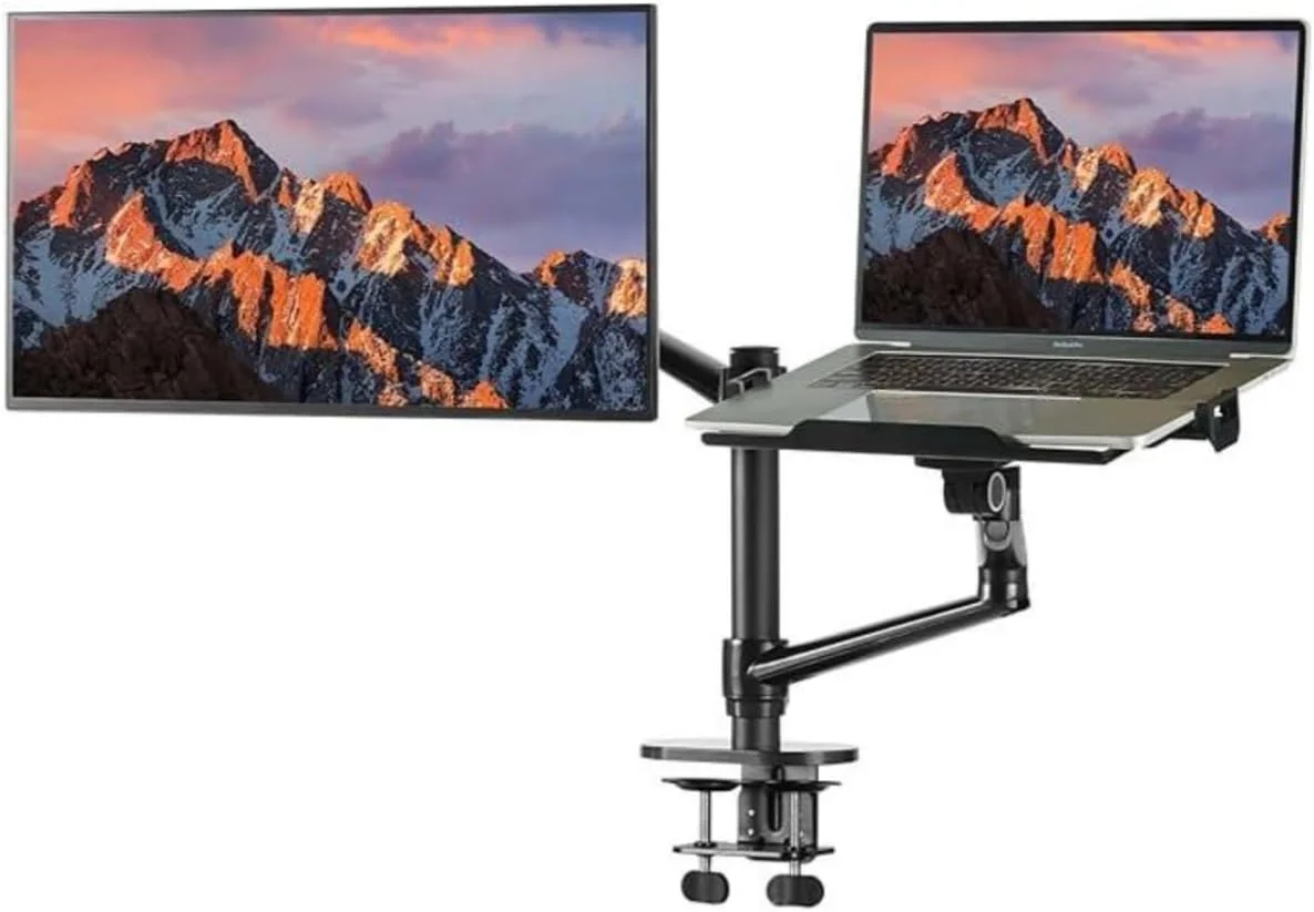 پایه رومیزی دو مانیتوره، بازوی قابل تنظیم سنگین برای صفحه نمایش های 15-32 اینچی، ارتفاع، شیب، چرخش و چرخش کامل قابل تنظیم (پایه مانیتور و لپ تاپ)