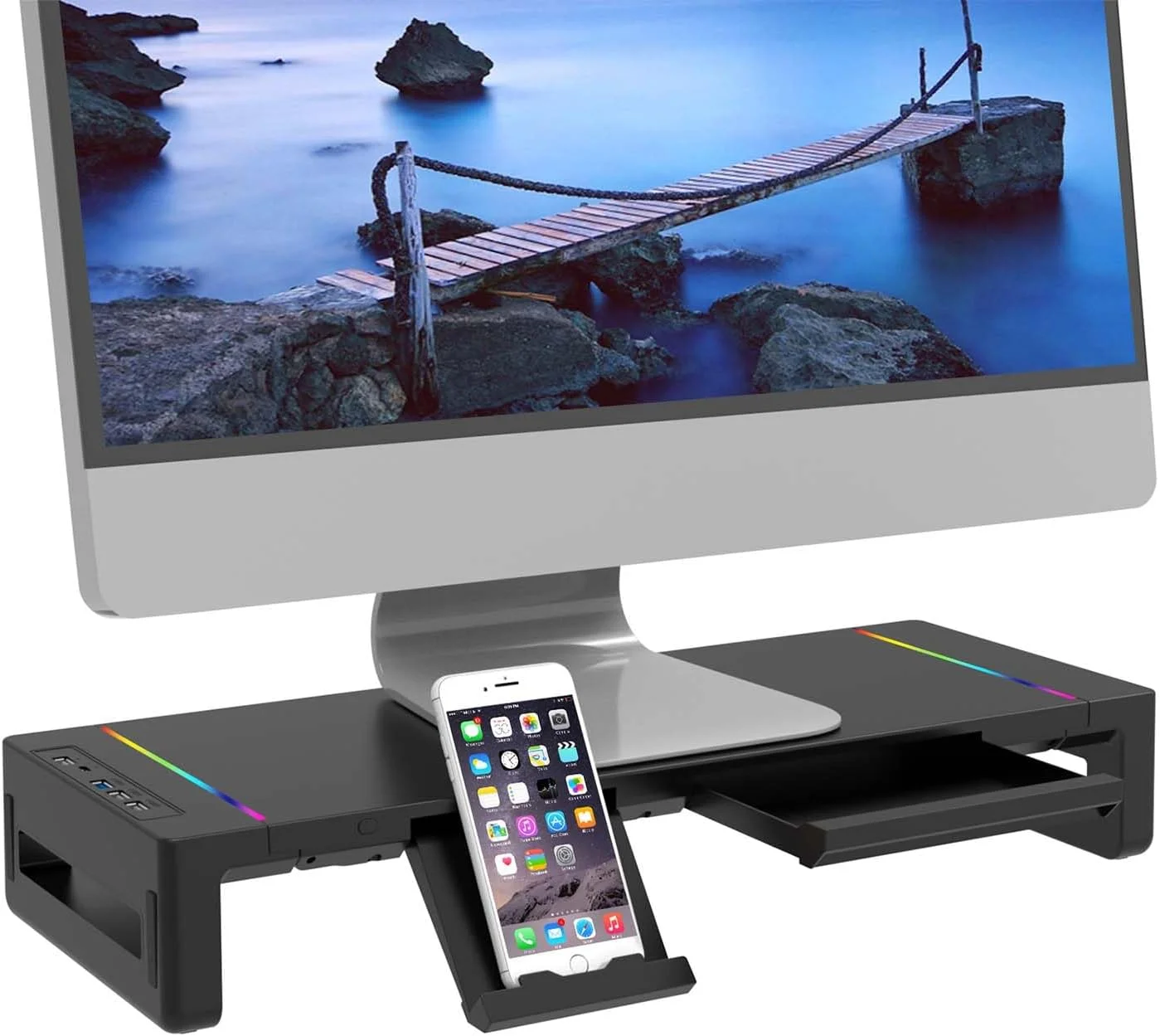 پایه مانیتور Lukione با نور RGB، پایه تاشو مانیتور کامپیوتر برای میز با USB 3.0 و درگاه شارژ، پایه لپ تاپ و مانیتور برای میز با کشوی ذخیره سازی و نگهدارنده تبلت/تلفن (مشکی)
