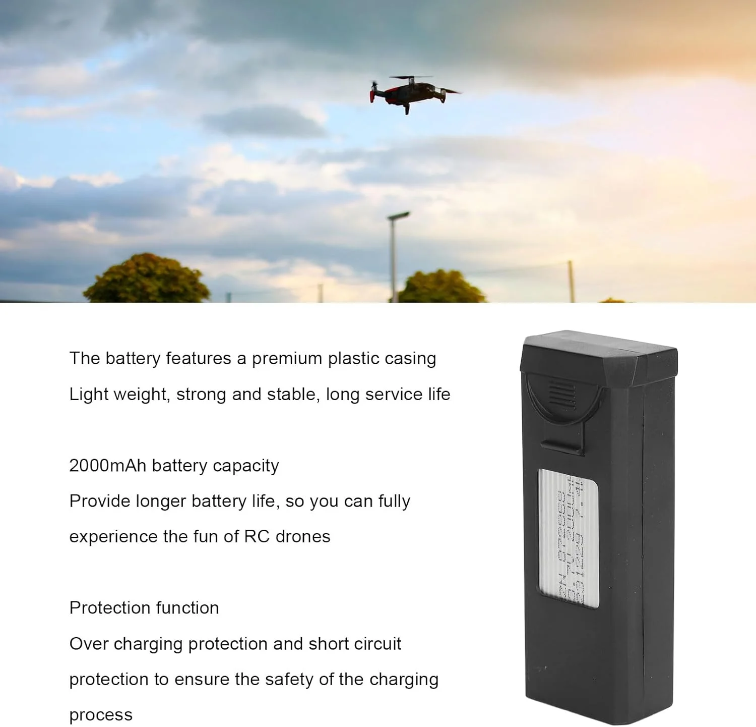 باتری لیتیوم پلیمری 3.7 ولت 2000 میلی آمپر ساعت Cryfokt، باتری سبک وزن لیتیوم پلیمری برای پهپاد، باتری قابل حمل کوادکوپتر RC، باتری لیتیوم پلیمری با ظرفیت بالا برای لوازم جانبی پهپاد RC براشلس LSRC S2S