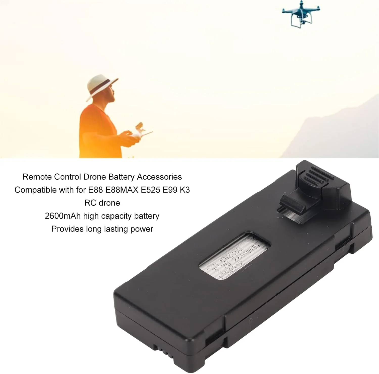 باتری لیتیوم یونی 3.7 ولت 2600 میلی آمپر ساعت Bewinner جایگزین باتری پهپاد RC برای E88 E88MAX E525 E99 K3، باتری UAV کنترل از راه دور برای پهپاد RC