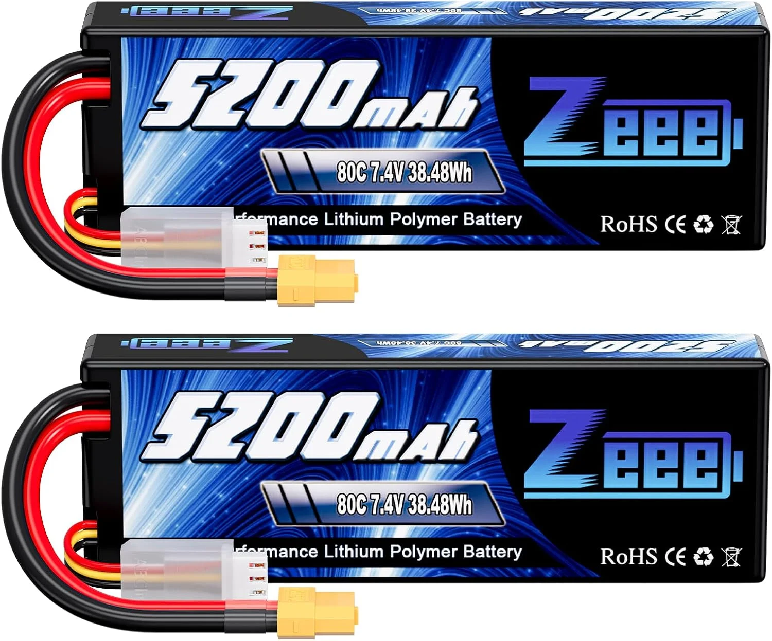 باتری لیتیوم پلیمری 2 سلولی 5200 میلی آمپر ساعت 7.4 ولت 80C زی با کانکتور XT60 و بدنه سخت مناسب ماشین های آرسی 1/8 و 1/10، باگی، تراگی، هواپیما، پهپاد (2 عدد)