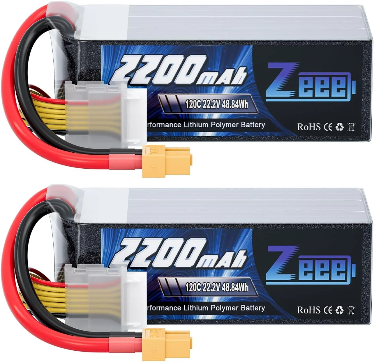 باتری لیتیوم پلیمری 6 سل Zeee با ظرفیت 2200 میلی آمپر ساعت، 22.2 ولت و نرخ تخلیه 120C، بدنه نرم و کانکتور XT60 مناسب برای هواپیماهای کنترلی، هلیکوپتر، ماشین کنترلی، کامیون، تانک، پهپاد و مسابقات (بسته 2 عددی)
