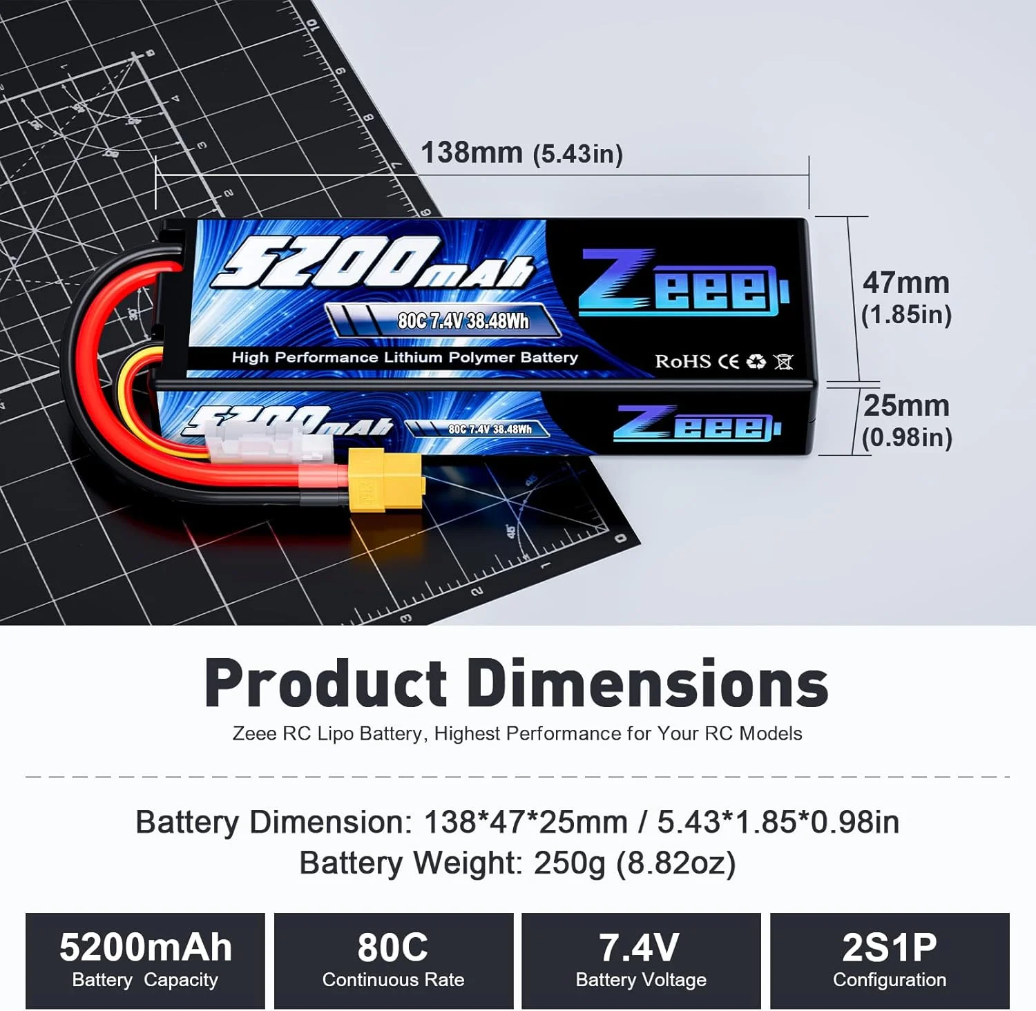 باتری لیتیوم پلیمری 2 سلولی 5200 میلی آمپر ساعت 7.4 ولت 80C زی با کانکتور XT60 و بدنه سخت مناسب ماشین های آرسی 1/8 و 1/10، باگی، تراگی، هواپیما، پهپاد (2 عدد)