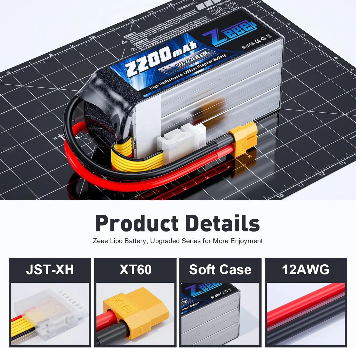 باتری لیتیوم پلیمری 6 سل Zeee با ظرفیت 2200mAh و ولتاژ 22.2V و نرخ تخلیه 120C، بدنه نرم و کانکتور XT60 مناسب برای هواپیما، هلیکوپتر، ماشین، کامیون، تانک، کوادکوپتر و سرگرمی های مسابقه ای (2 عدد)