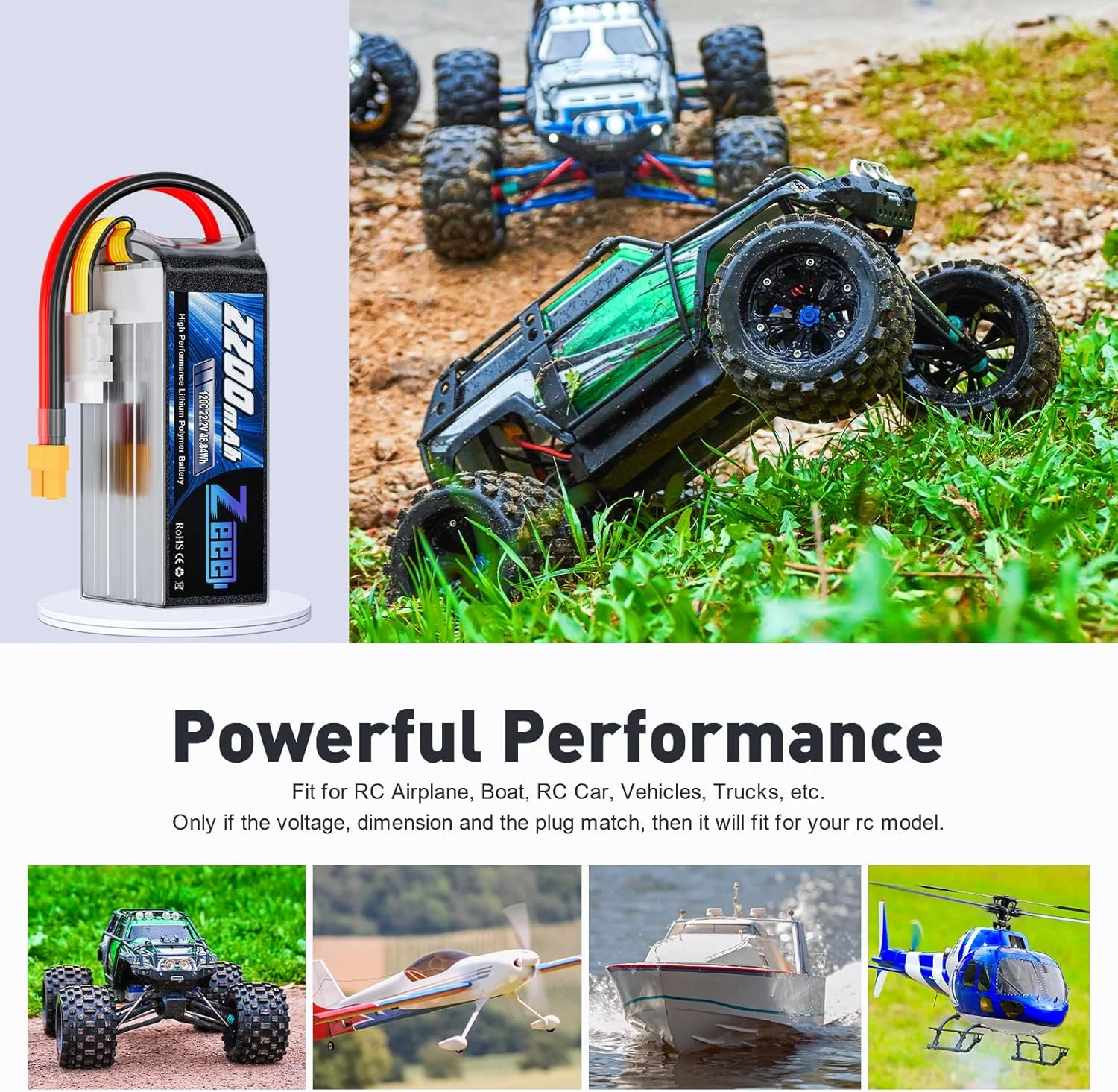 باتری لیتیوم پلیمری 6 سل Zeee با ظرفیت 2200mAh و ولتاژ 22.2V و نرخ تخلیه 120C، بدنه نرم و کانکتور XT60 مناسب برای هواپیما، هلیکوپتر، ماشین، کامیون، تانک، کوادکوپتر و سرگرمی های مسابقه ای (2 عدد)