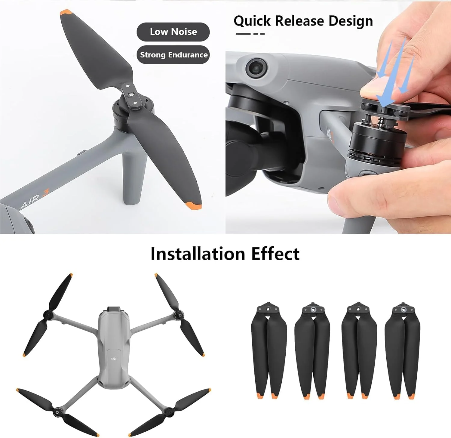 پروانه های جایگزین برای DJI Air 3، پره های کم صدا، لوازم جانبی برای DJI Mavic Air 3، 8 عدد، نوک نارنجی