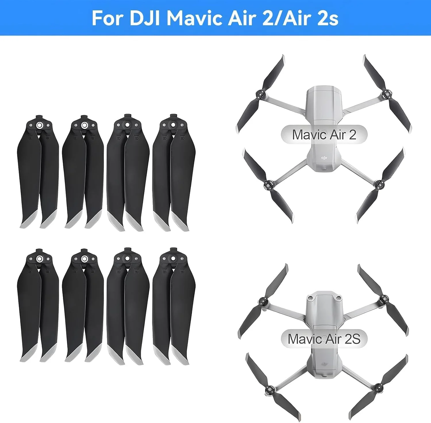پروانه های جایگزین ملخ های کم صدا برای DJI Mavic Air 2/Air 2s، لوازم جانبی پهپاد DJI Mavic Air 2/Air 2s، 8 عدد نوک نقره ای