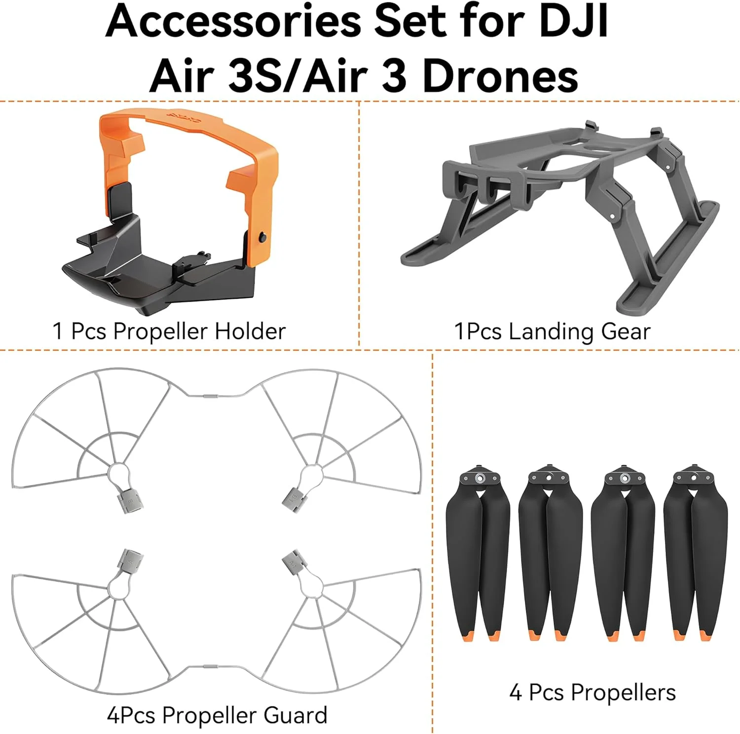 پروانه های کوادکوپتر DJI Air 3S - مجموعه لوازم جانبی 4 عددی با محافظ پروانه، پایه فرود و ملخ های کم صدا برای بسته های لوازم جانبی کوادکوپتر DJI Air 3/Air 3S (بدون کوادکوپتر)