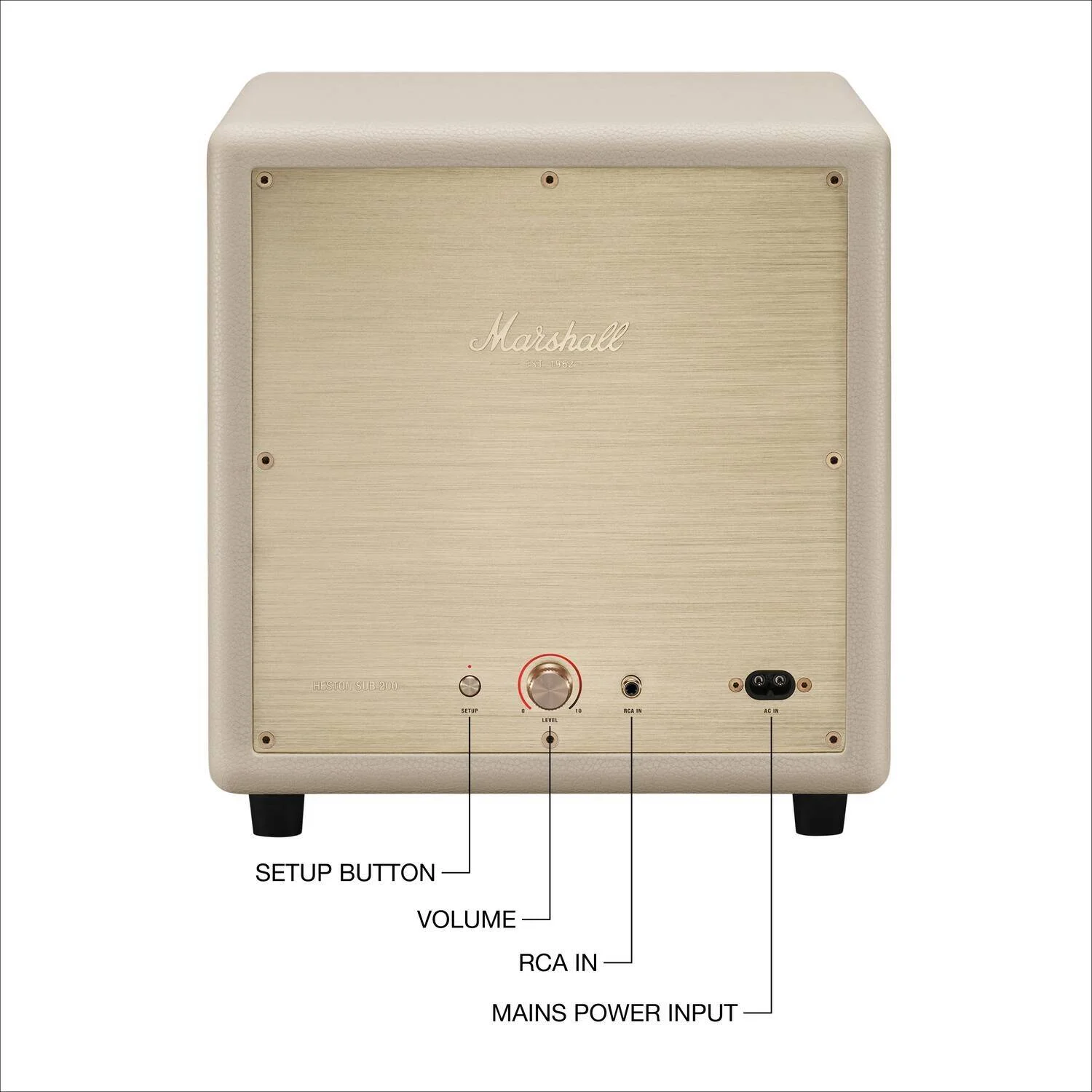 ساب ووفر بی سیم مارشال هستون Sub 200، بیس عمیق و دقیق، بلوتوث LE Audio، کنترل برنامه، طراحی اکو بادوام، جایگذاری متنوع، به‌روزرسانی‌ها، 79% پلاستیک بازیافتی، کرم | HESTONSUB200CRM