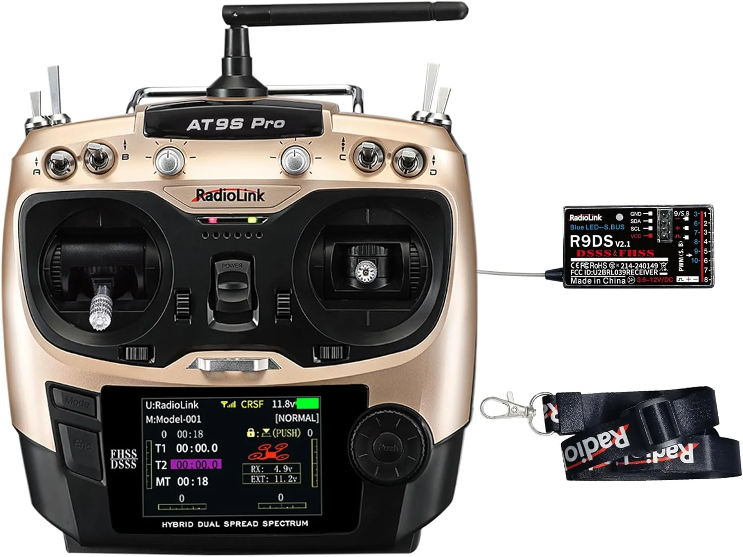 فرستنده رادیویی 10/12 کاناله 2.4 گیگاهرتز Radiolink AT9S Pro با گیرنده R9DS، کنترل از راه دور برد بلند برای FPV Racing Drone/Quad/Airplane و موارد دیگر (حالت 2 دست چپ)