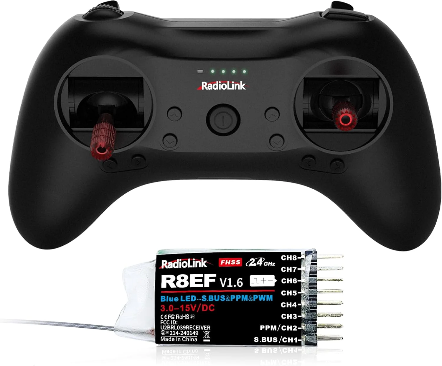 فرستنده و گیرنده رادیویی 8 کاناله 2.4G رادیولینک مدل T8S به همراه گیرنده 8 کاناله R8EF، کنترل از راه دور رادیویی، دارای باتری قابل شارژ 1S داخلی برای کوادکوپتر/هواپیما/ماشین/قایق/ربات و موارد دیگر (حالت 2 دریچه گاز سمت چپ)