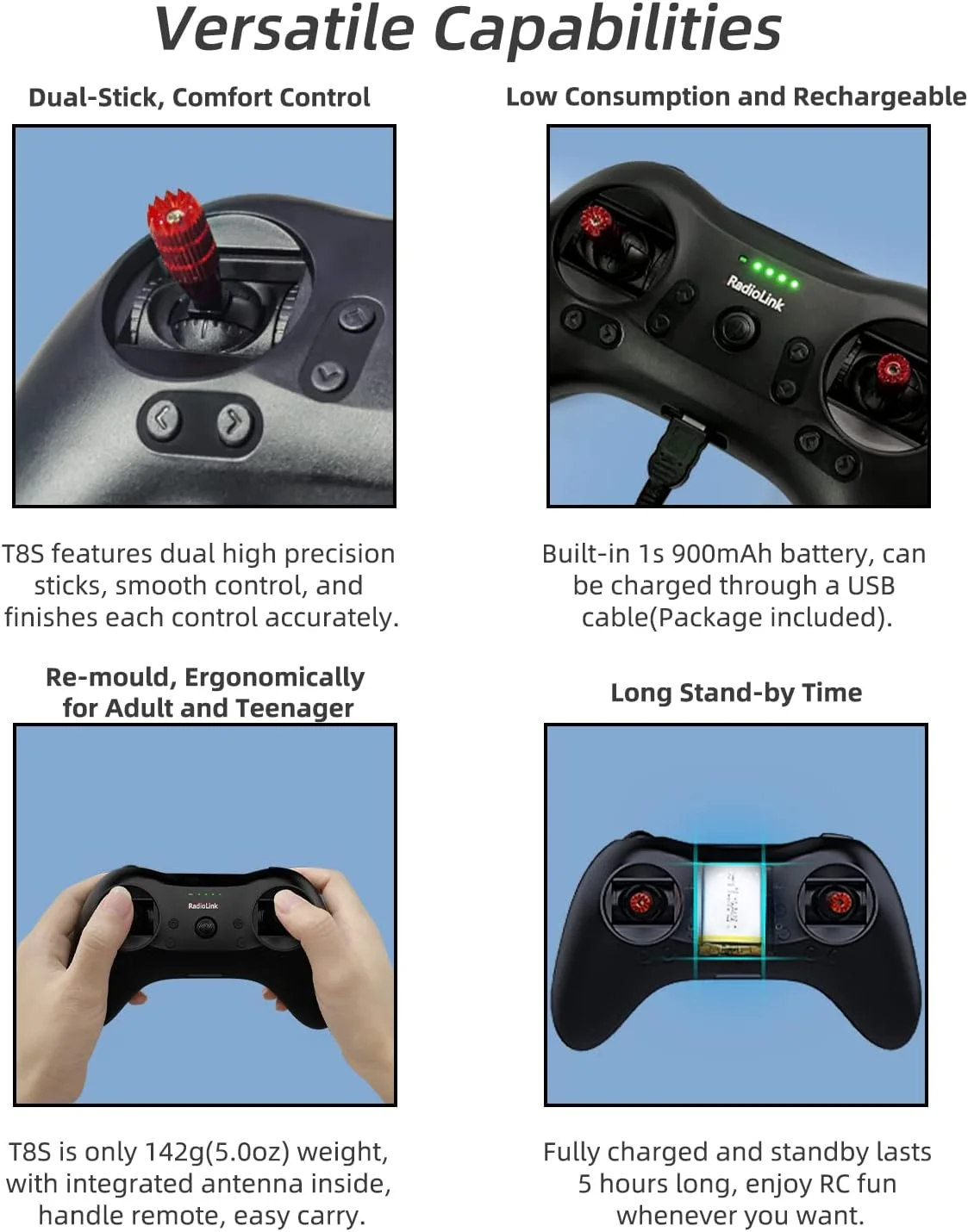 فرستنده و گیرنده رادیویی 8 کاناله 2.4G رادیولینک مدل T8S به همراه گیرنده 8 کاناله R8EF، کنترل از راه دور رادیویی، دارای باتری قابل شارژ 1S داخلی برای کوادکوپتر/هواپیما/ماشین/قایق/ربات و موارد دیگر (حالت 2 دریچه گاز سمت چپ)